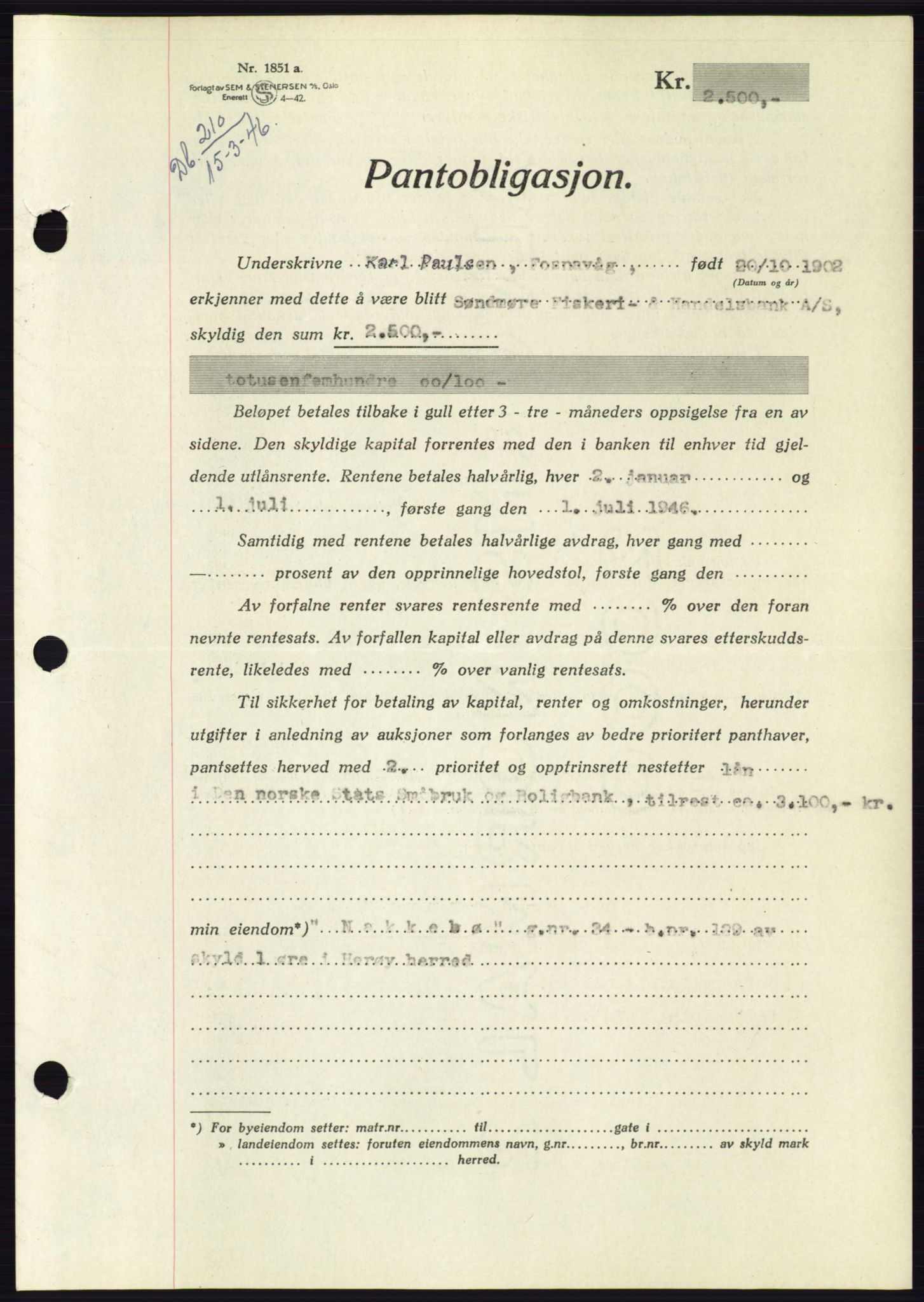 Søre Sunnmøre sorenskriveri, AV/SAT-A-4122/1/2/2C/L0114: Pantebok nr. 1-2B, 1943-1947, Dagboknr: 210/1946