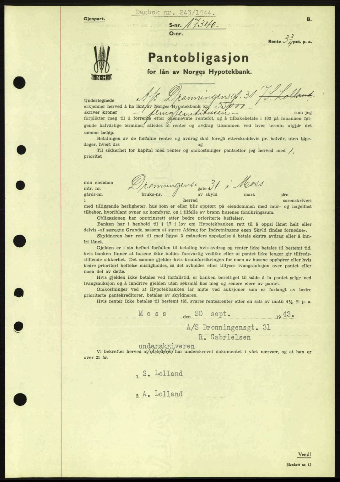 Moss sorenskriveri, SAO/A-10168: Pantebok nr. B13, 1943-1945, Dagboknr: 243/1944