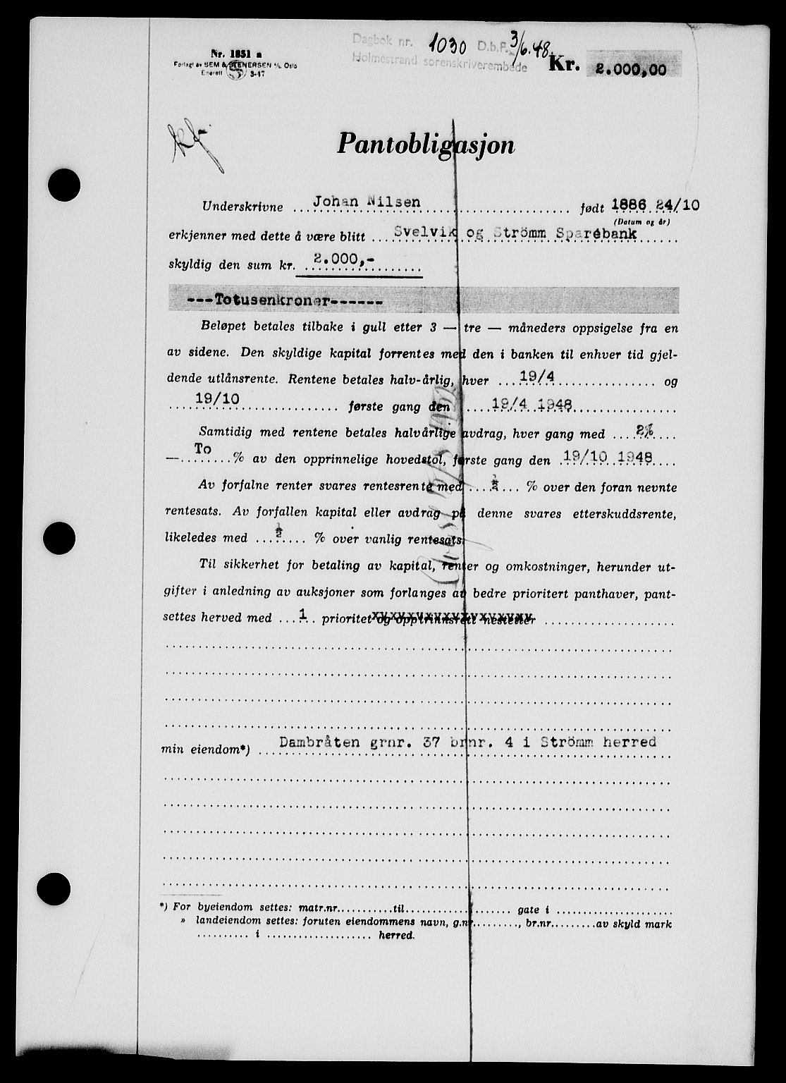 Holmestrand sorenskriveri, SAKO/A-67/G/Ga/Gab/L0058: Pantebok nr. B-58, 1947-1948, Dagboknr: 1030/1948
