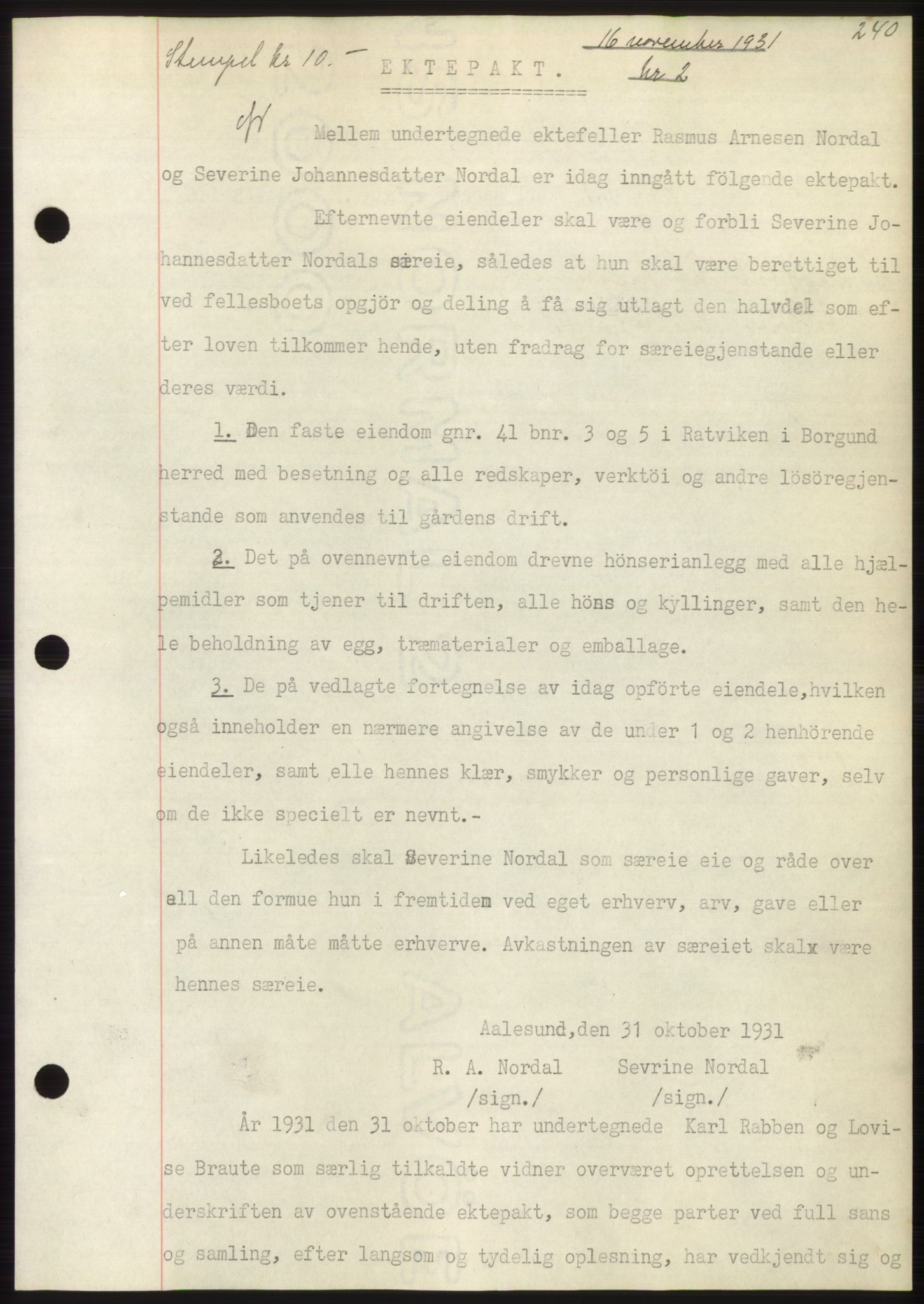Nordre Sunnmøre sorenskriveri, SAT/A-0006/1/2/2C/2Ca/L0049: Pantebok nr. 49, 1931-1932, Tingl.dato: 16.11.1931