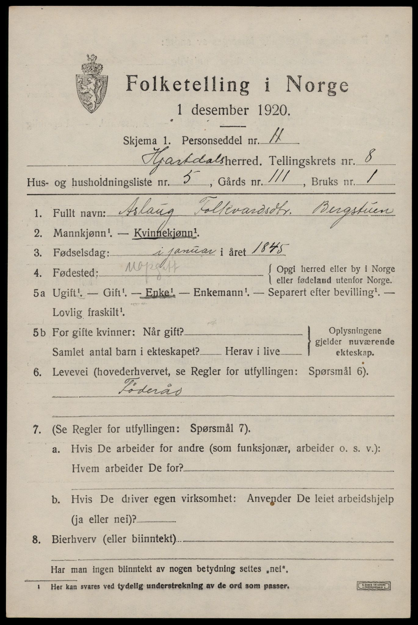 SAKO, Folketelling 1920 for 0827 Hjartdal herred, 1920, s. 5136