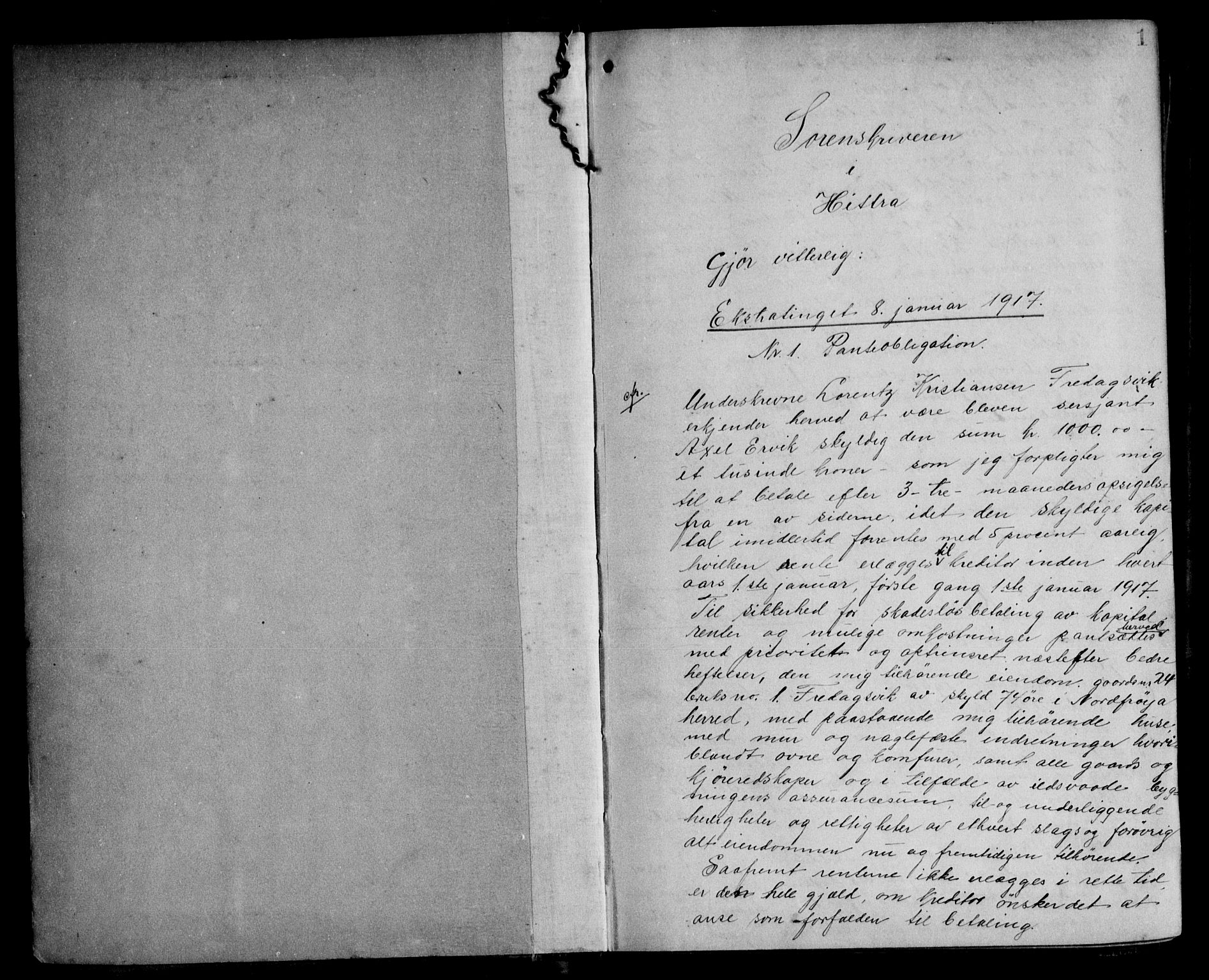Hitra sorenskriveri, AV/SAT-A-0018/2/2C/2Ca/L0001: Pantebok nr. 1, 1917-1919, s. 1