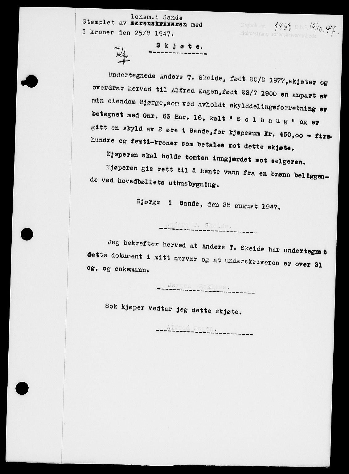 Holmestrand sorenskriveri, SAKO/A-67/G/Ga/Gaa/L0062: Pantebok nr. A-62, 1947-1947, Dagboknr: 1863/1947