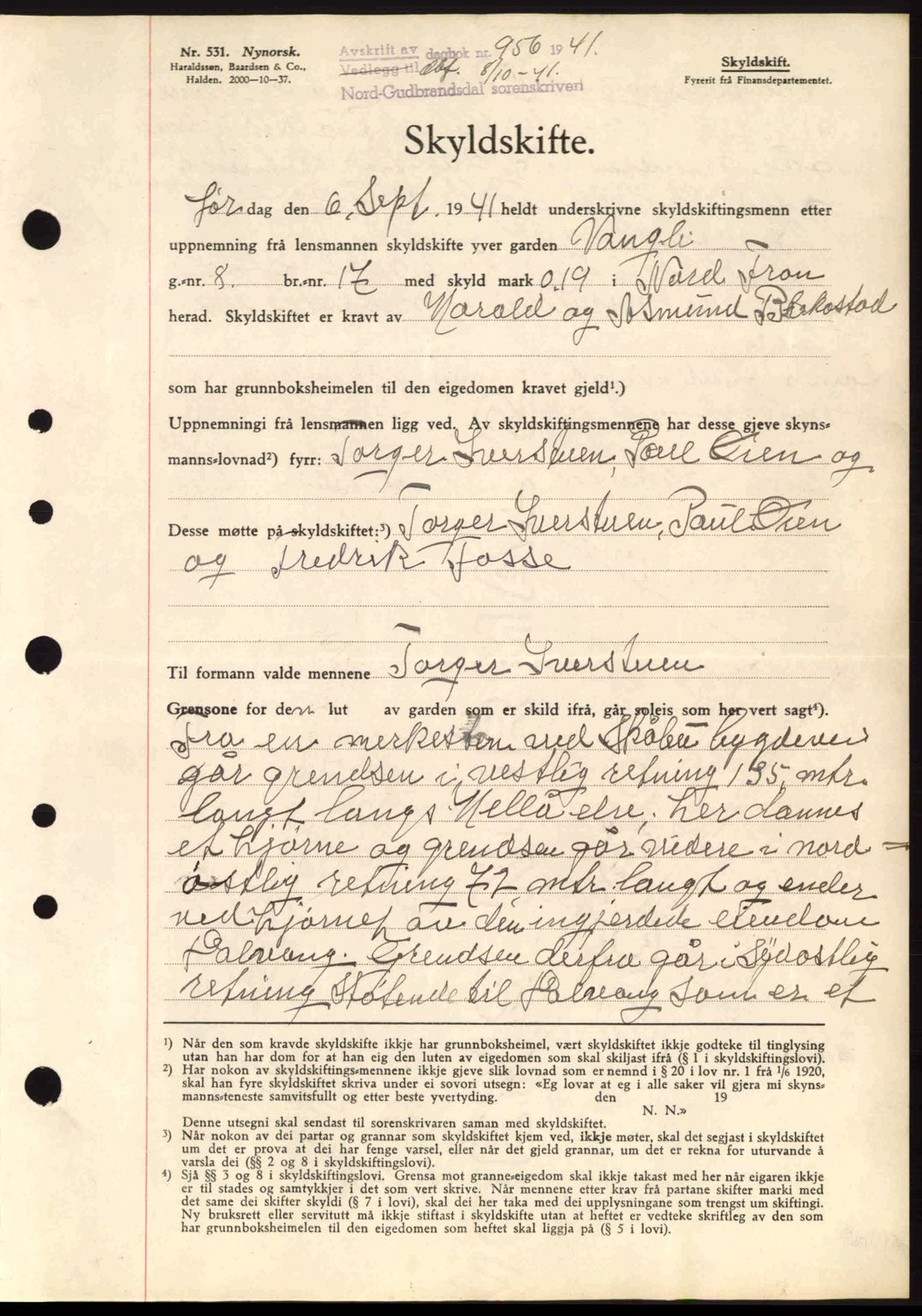 Nord-Gudbrandsdal tingrett, SAH/TING-002/H/Hb/Hbb/L0007: Pantebok nr. FA7, 1941-1941, Dagboknr: 956/1941