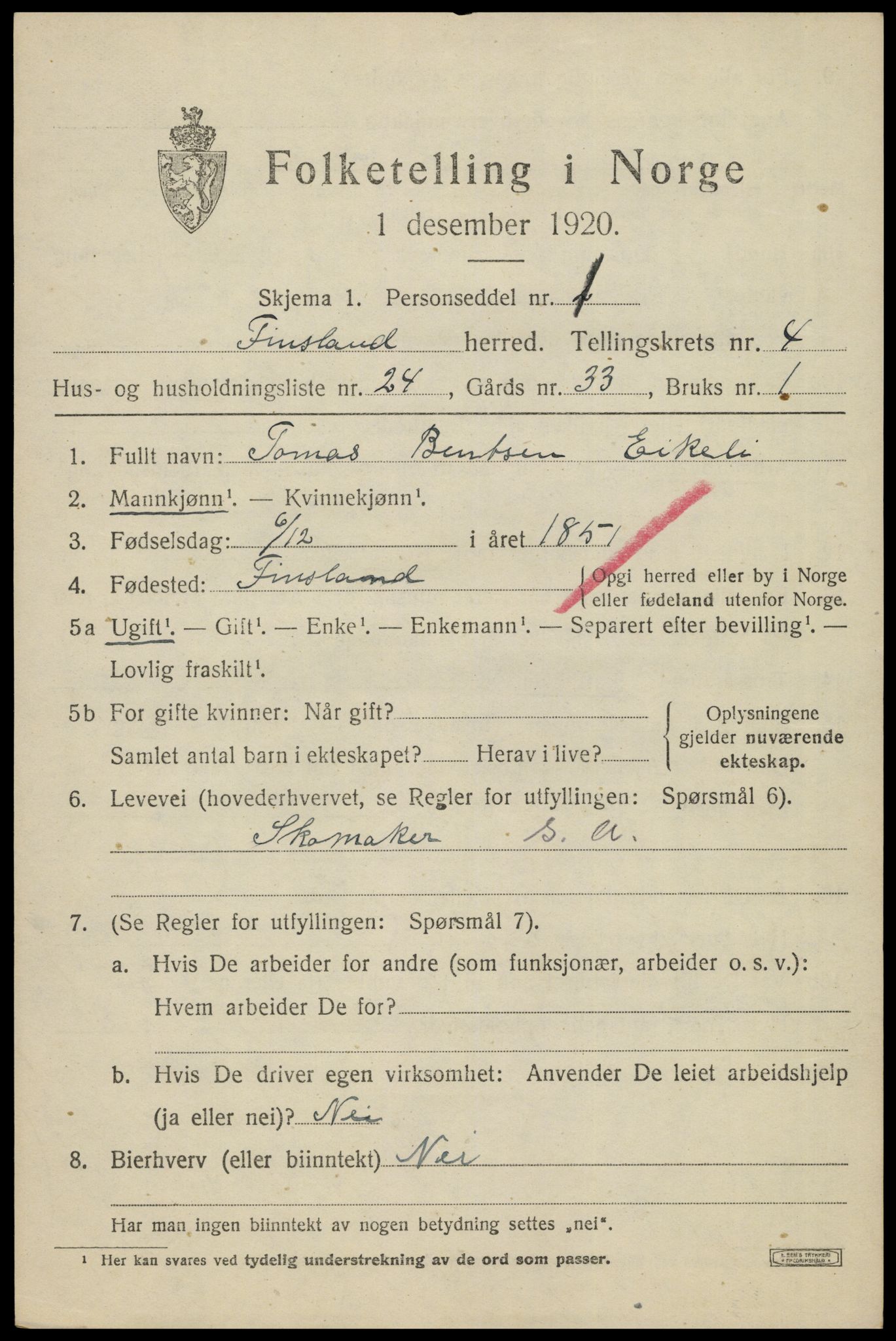 SAK, Folketelling 1920 for 1023 Finsland herred, 1920, s. 1802