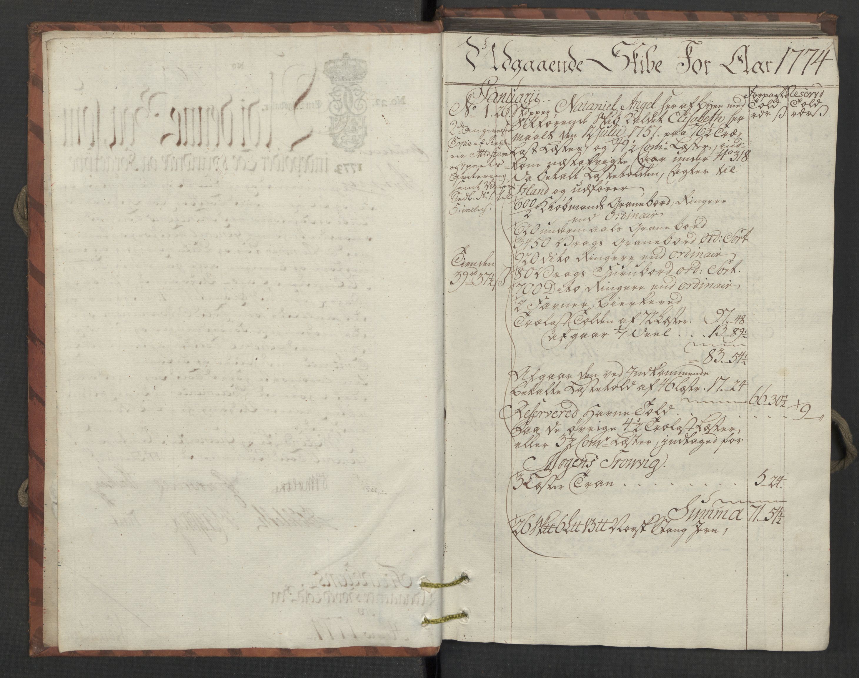 Generaltollkammeret, tollregnskaper, AV/RA-EA-5490/R33/L0123/0001: Tollregnskaper Trondheim A / Utgående hovedtollbok, 1774