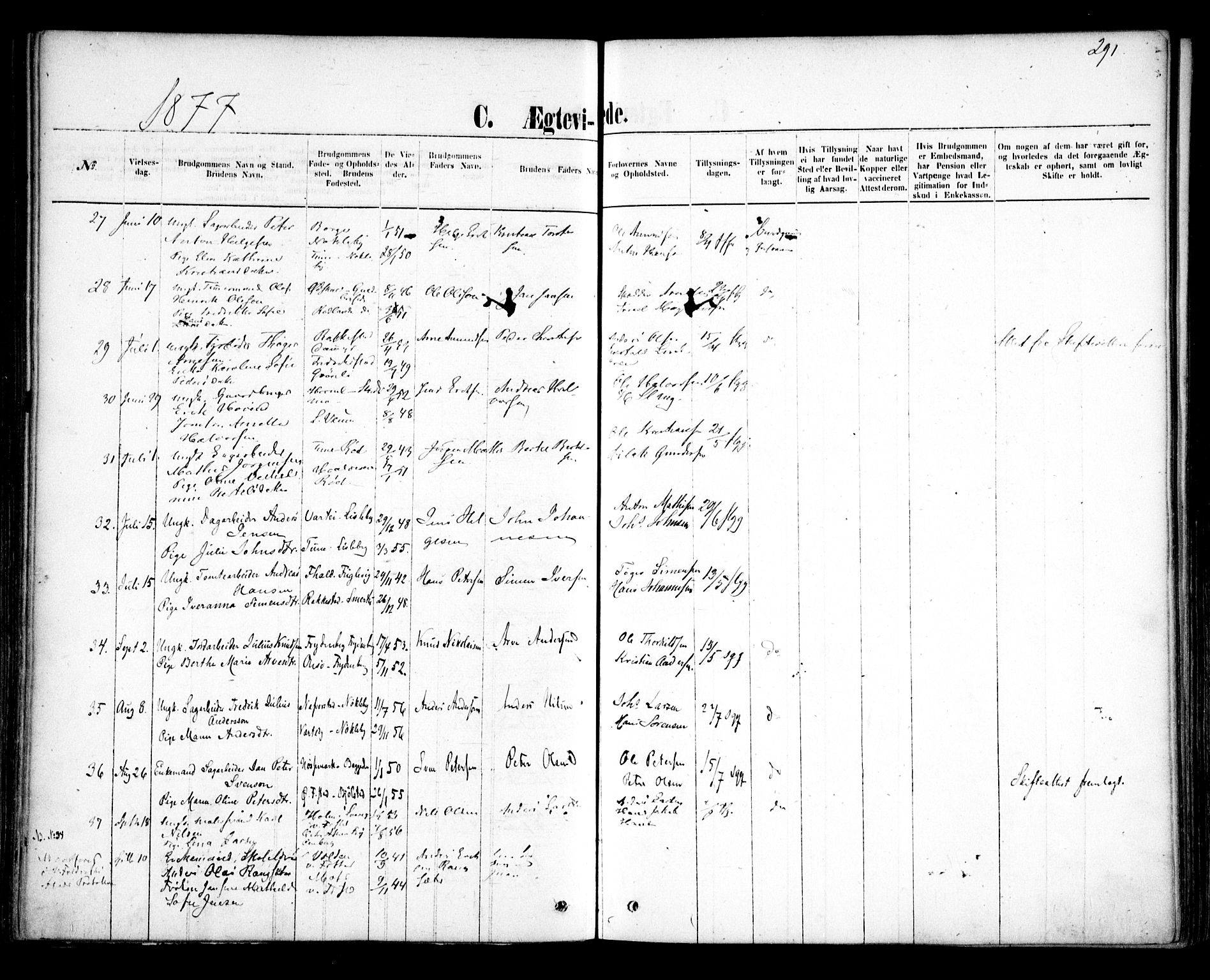 Glemmen prestekontor Kirkebøker, AV/SAO-A-10908/F/Fa/L0009: Ministerialbok nr. 9, 1871-1878, s. 291