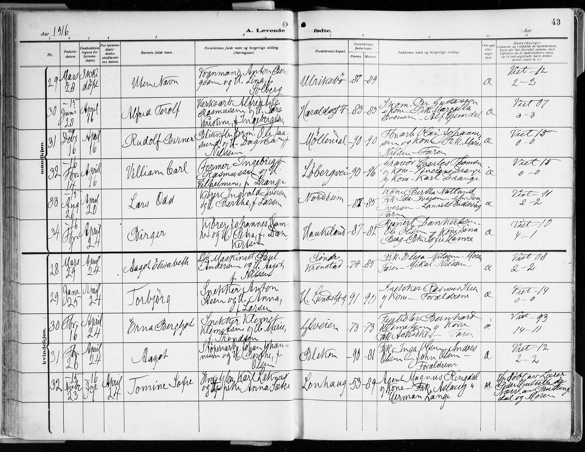 Årstad Sokneprestembete, AV/SAB-A-79301/H/Haa/L0003: Ministerialbok nr. A 3, 1914-1919, s. 43