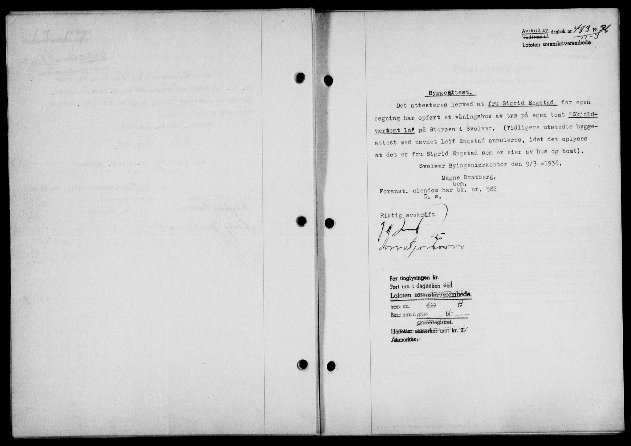 Lofoten sorenskriveri, SAT/A-0017/1/2/2C/L0033b: Pantebok nr. 33b, 1936-1936, Dagboknr: 483/1936
