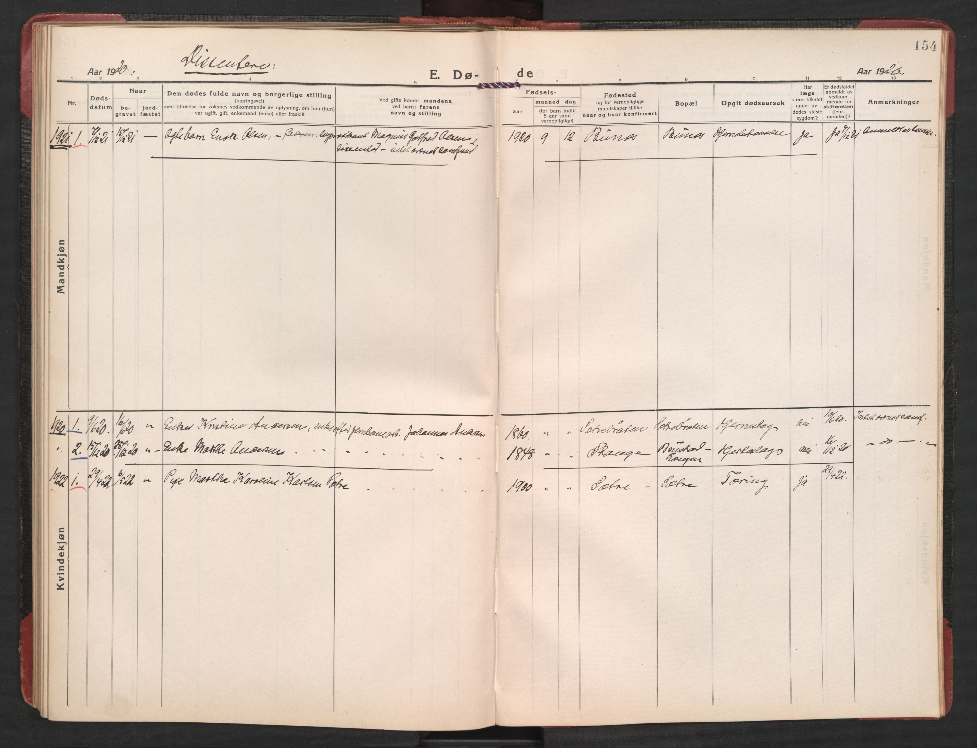 Eidsvoll prestekontor Kirkebøker, AV/SAO-A-10888/F/Fb/L0005: Ministerialbok nr. II 5, 1920-1923, s. 154