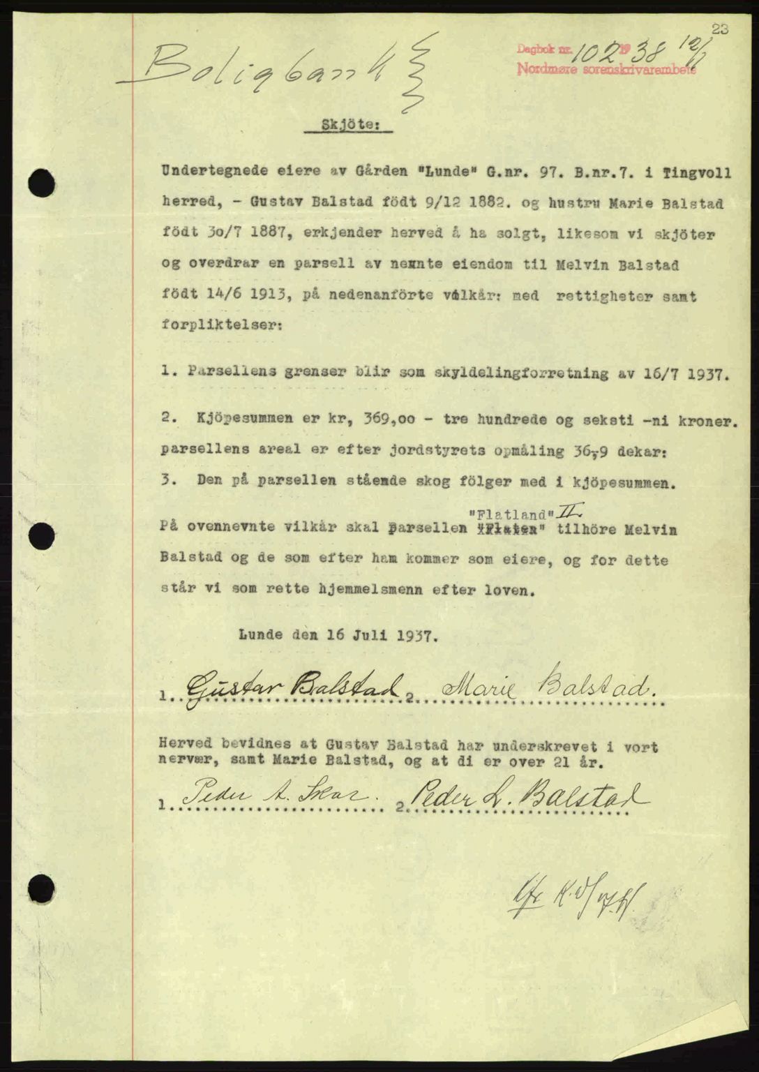 Nordmøre sorenskriveri, SAT/A-4132/1/2/2Ca: Pantebok nr. A83, 1938-1938, Dagboknr: 102/1938