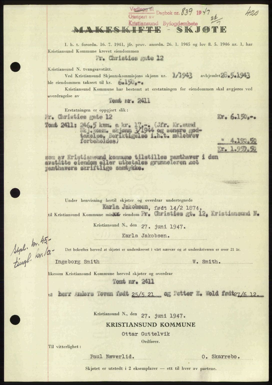 Kristiansund byfogd, AV/SAT-A-4587/A/27: Pantebok nr. 39b, 1946-1947, Dagboknr: 839/1947