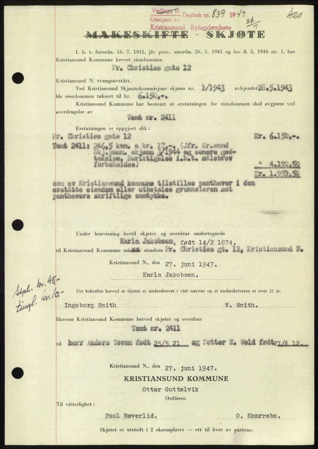 Kristiansund byfogd, SAT/A-4587/A/27: Pantebok nr. 39b, 1946-1947, Dagboknr: 839/1947