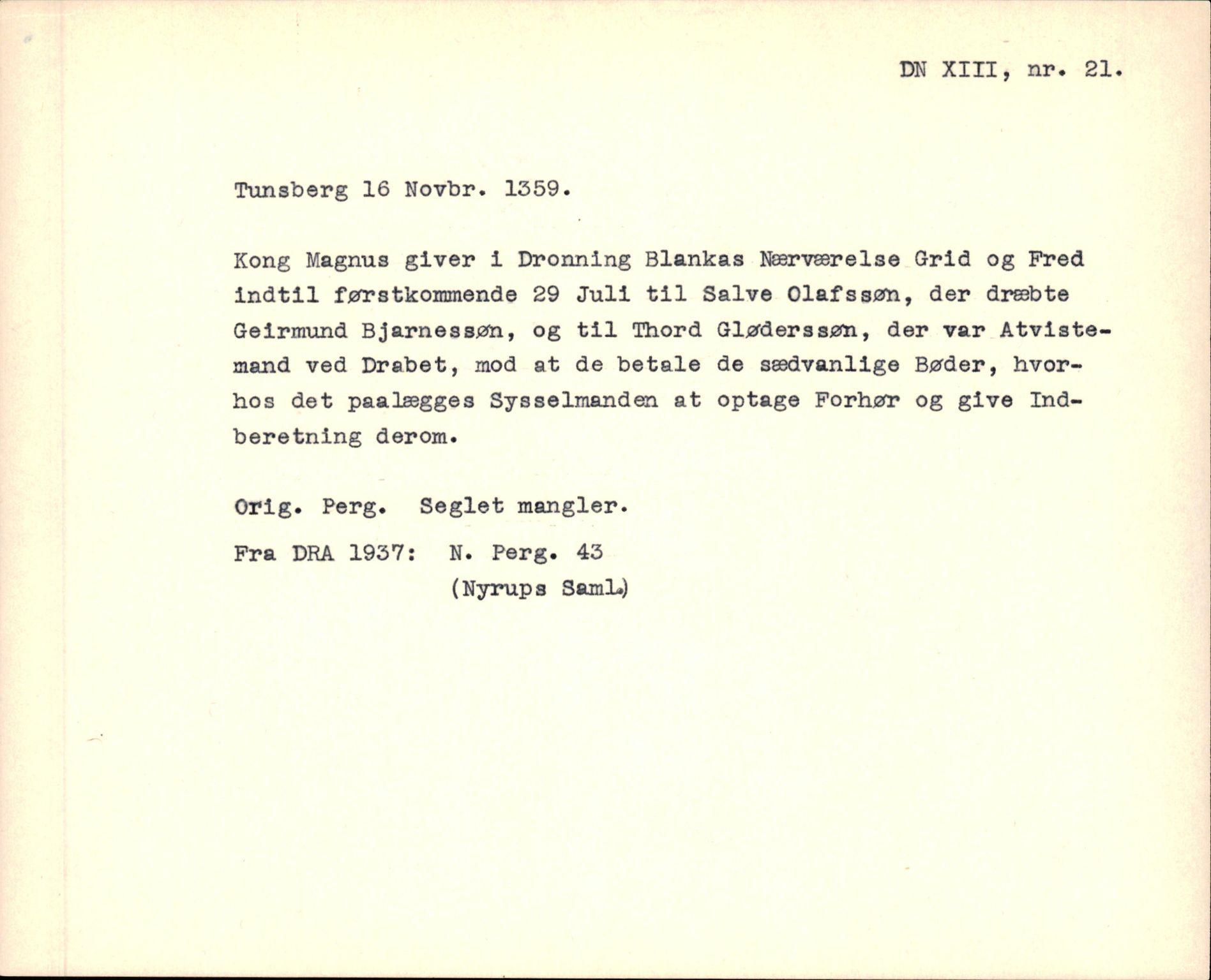 Riksarkivets diplomsamling, AV/RA-EA-5965/F35/F35f/L0003: Regestsedler: Diplomer fra DRA 1937 og 1996, s. 103
