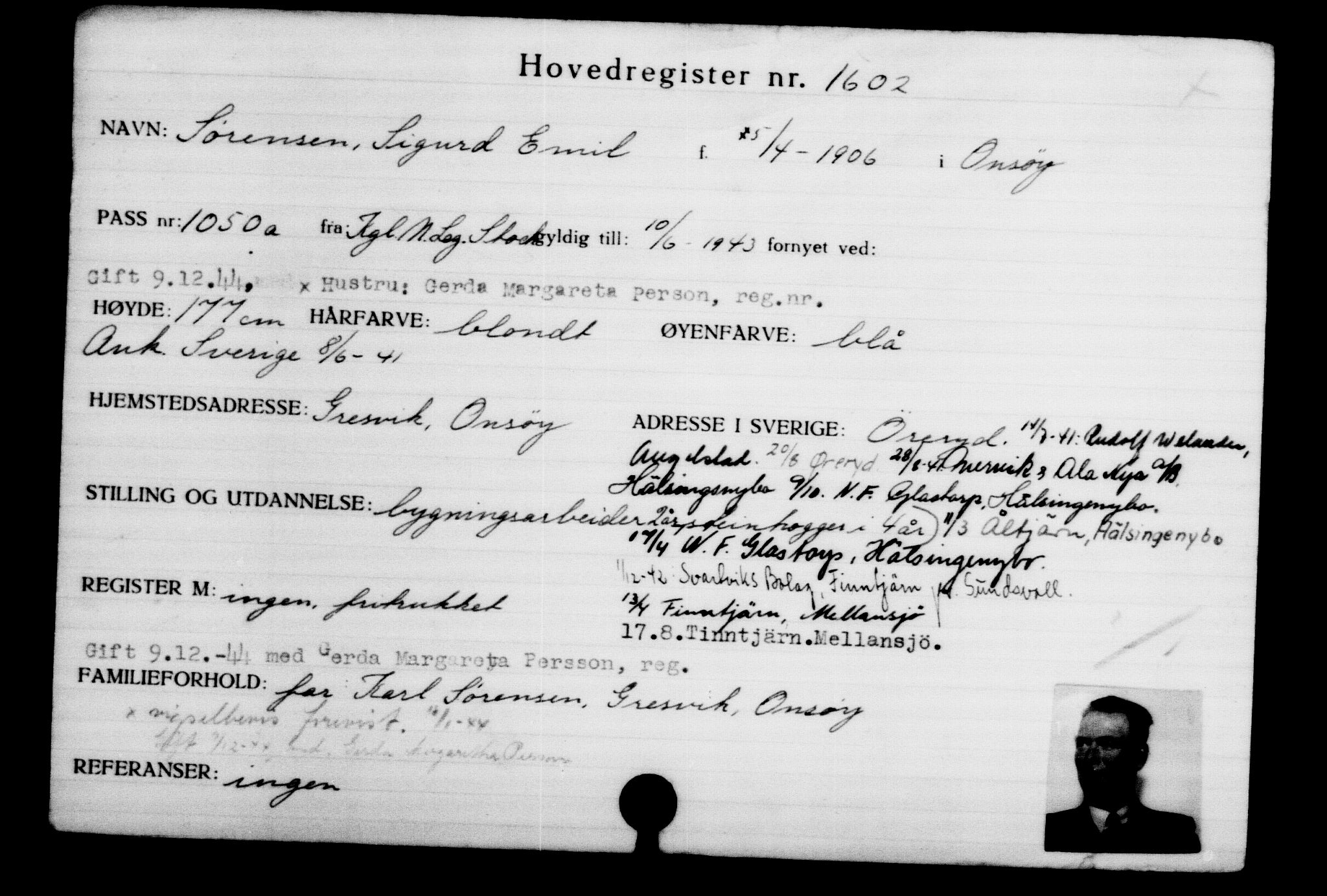 Utenriksstasjonene, Legasjonen i Stockholm, Flyktningkontoret, AV/RA-S-6753/V/Va/L0002: Kjesäterkartoteket, flyktninger med registreringsnr. 1001-2000, 1940-1945, s. 864