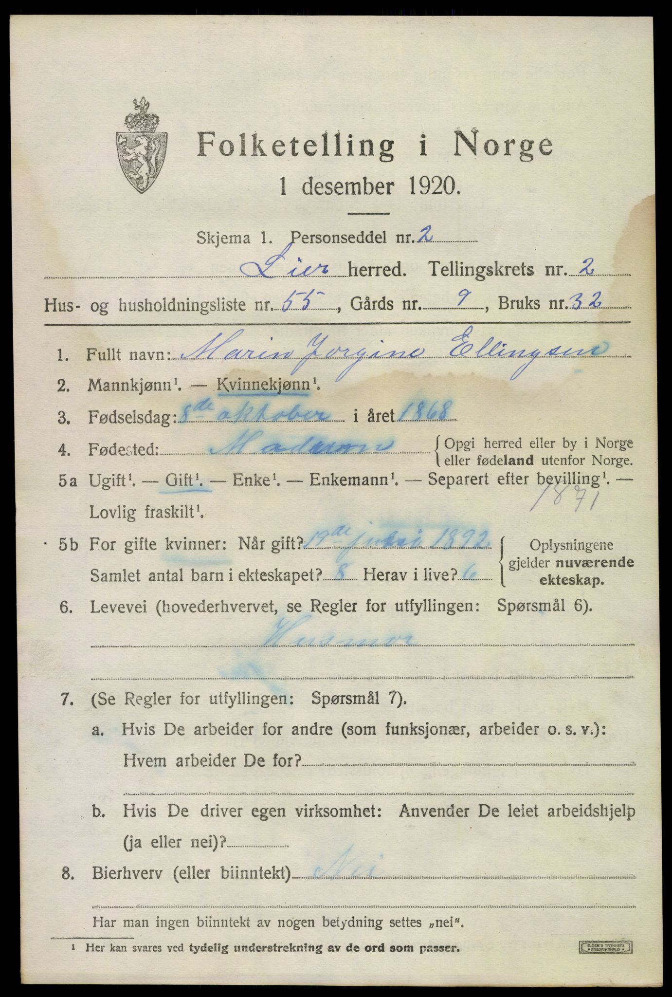 SAKO, Folketelling 1920 for 0626 Lier herred, 1920, s. 5276