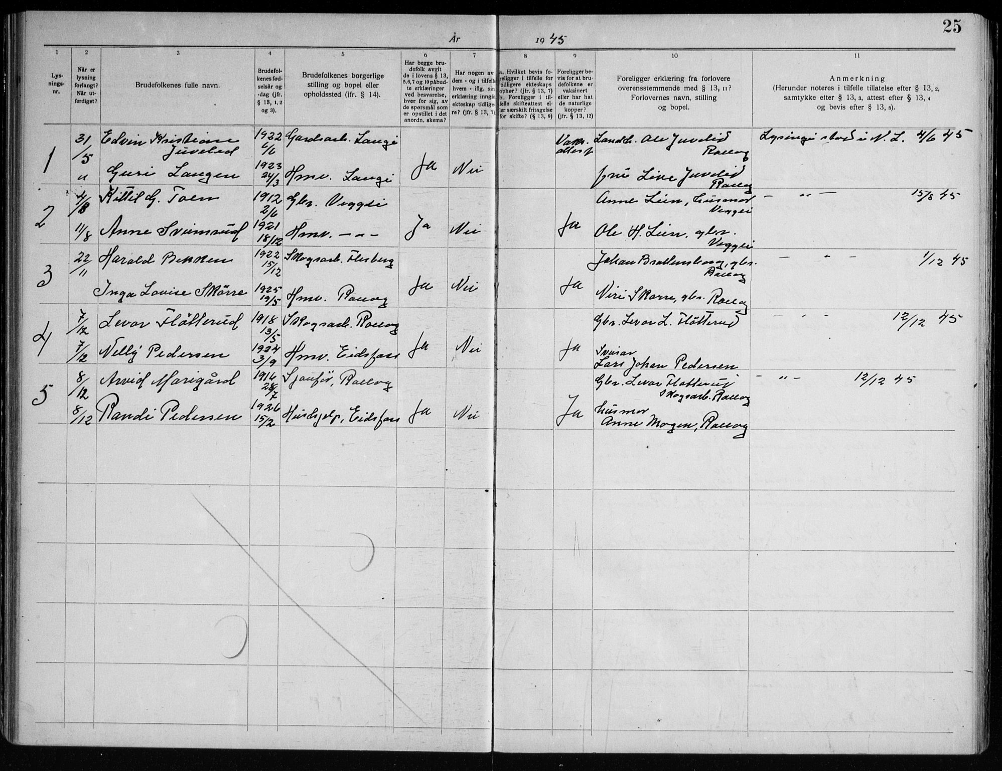 Rollag kirkebøker, AV/SAKO-A-240/H/Ha/L0001: Lysningsprotokoll nr. 1, 1920-1966, s. 25