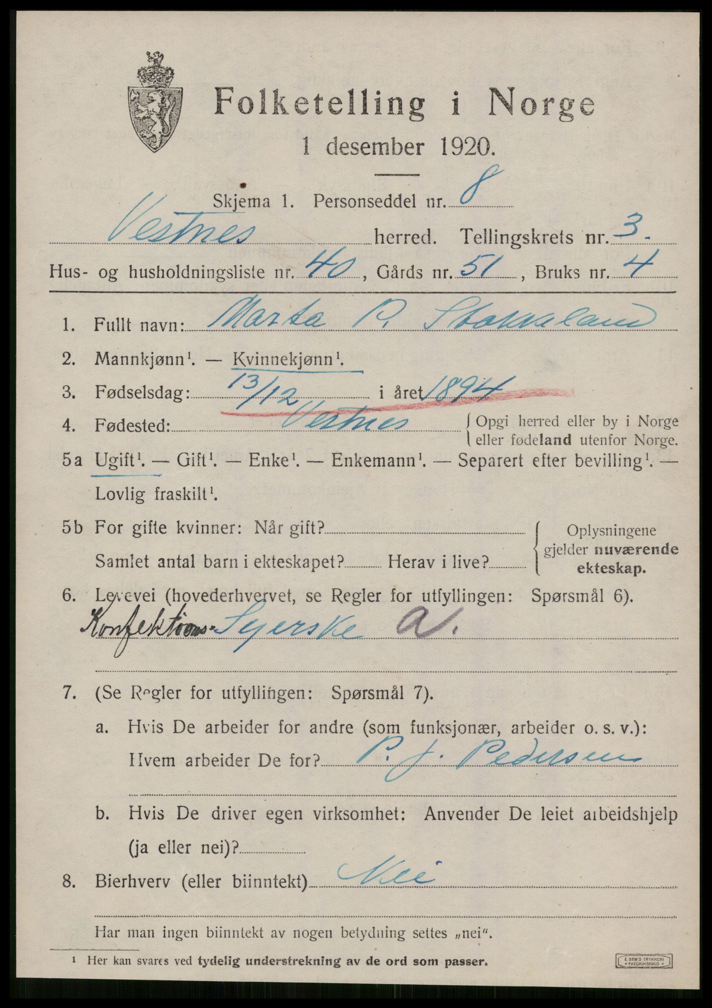 SAT, Folketelling 1920 for 1535 Vestnes herred, 1920, s. 3091