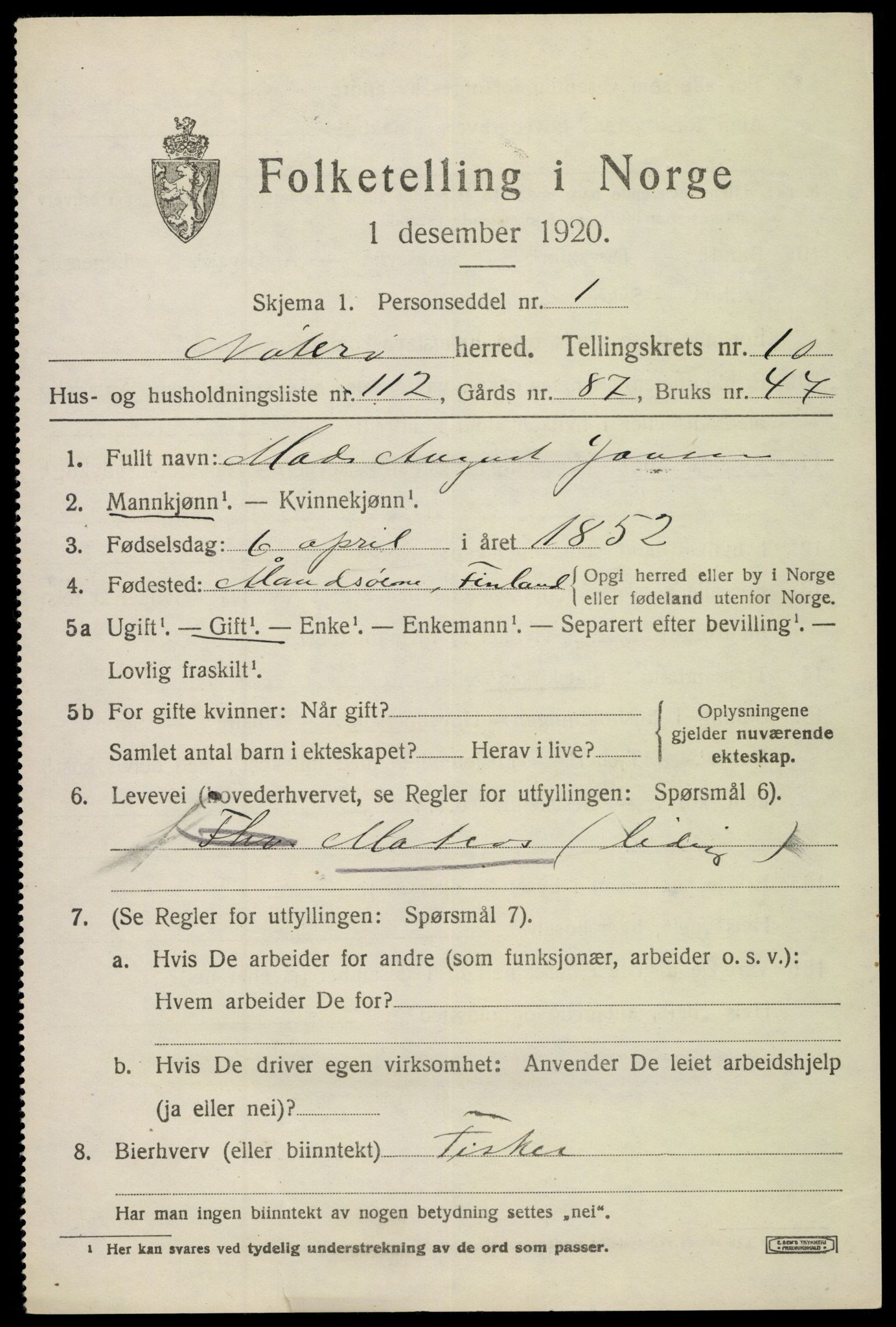 SAKO, Folketelling 1920 for 0722 Nøtterøy herred, 1920, s. 13509