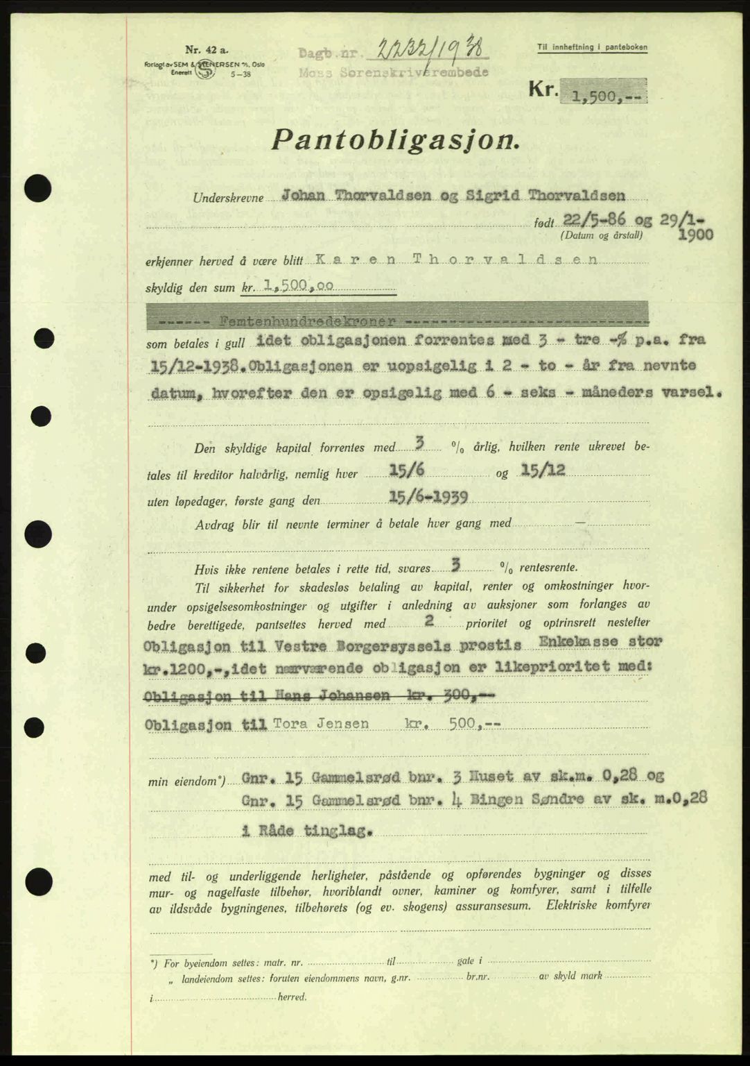 Moss sorenskriveri, SAO/A-10168: Pantebok nr. B6, 1938-1938, Dagboknr: 2232/1938