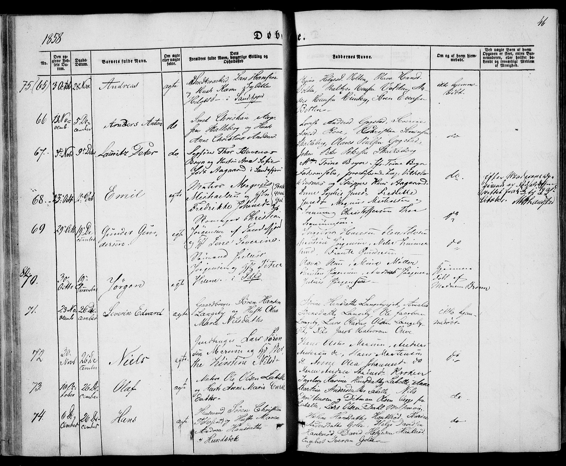 Sandar kirkebøker, AV/SAKO-A-243/F/Fa/L0007: Ministerialbok nr. 7, 1855-1861, s. 46