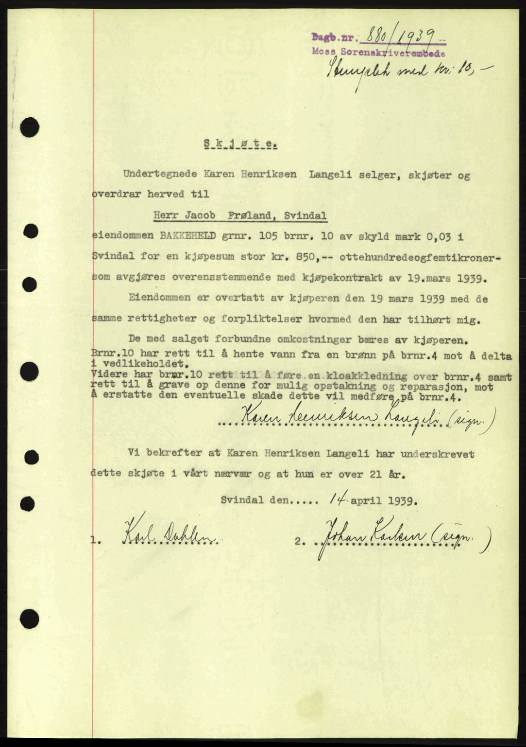 Moss sorenskriveri, SAO/A-10168: Pantebok nr. A5, 1938-1939, Dagboknr: 880/1939