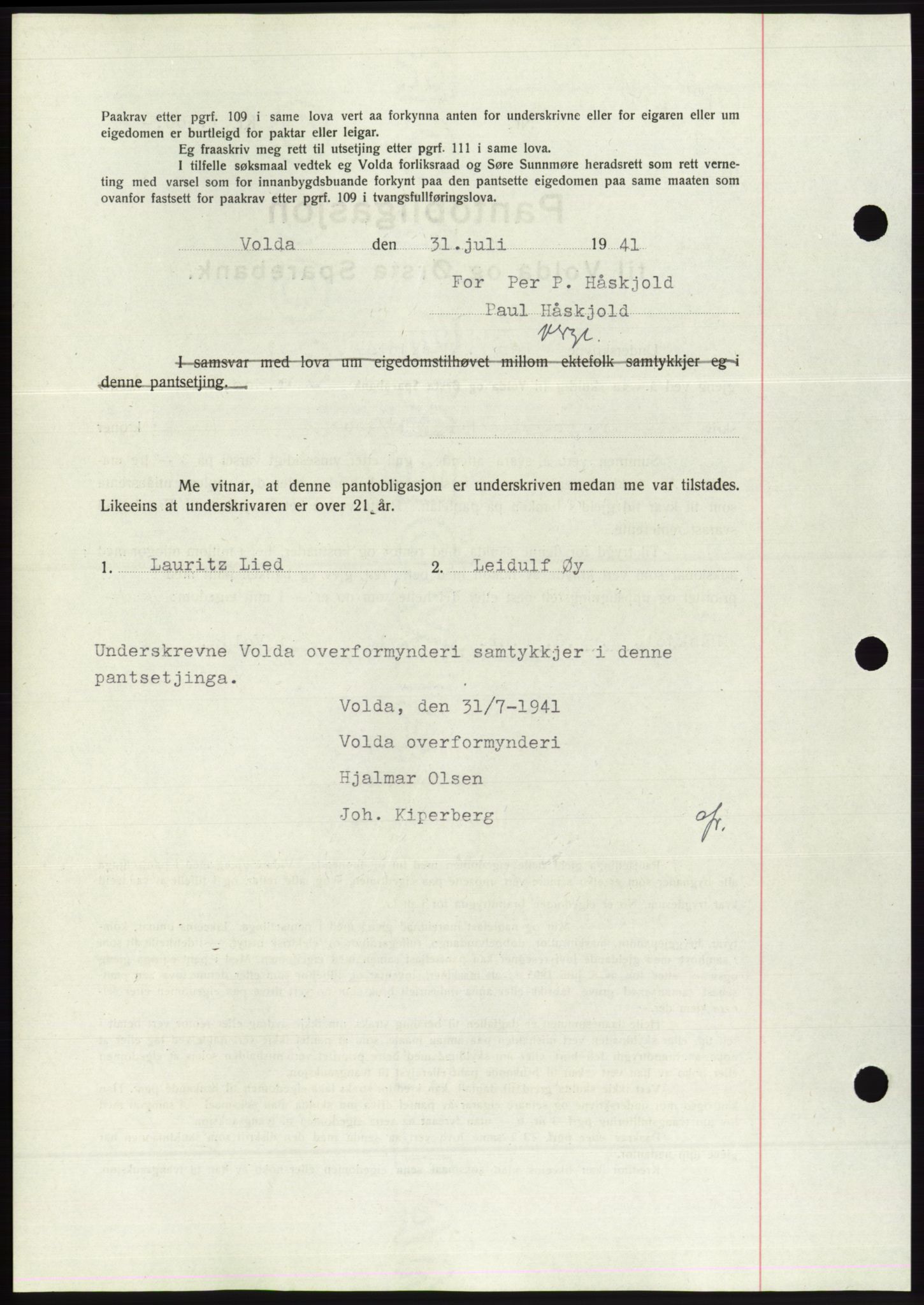 Søre Sunnmøre sorenskriveri, AV/SAT-A-4122/1/2/2C/L0071: Pantebok nr. 65, 1941-1941, Dagboknr: 762/1941