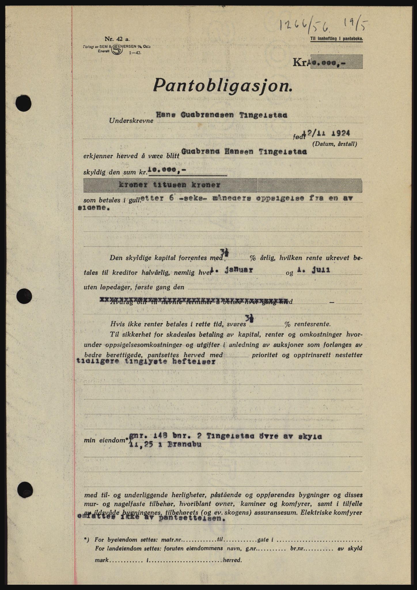 Hadeland og Land tingrett, SAH/TING-010/H/Hb/Hbc/L0034: Pantebok nr. B34, 1956-1956, Dagboknr: 1266/1956