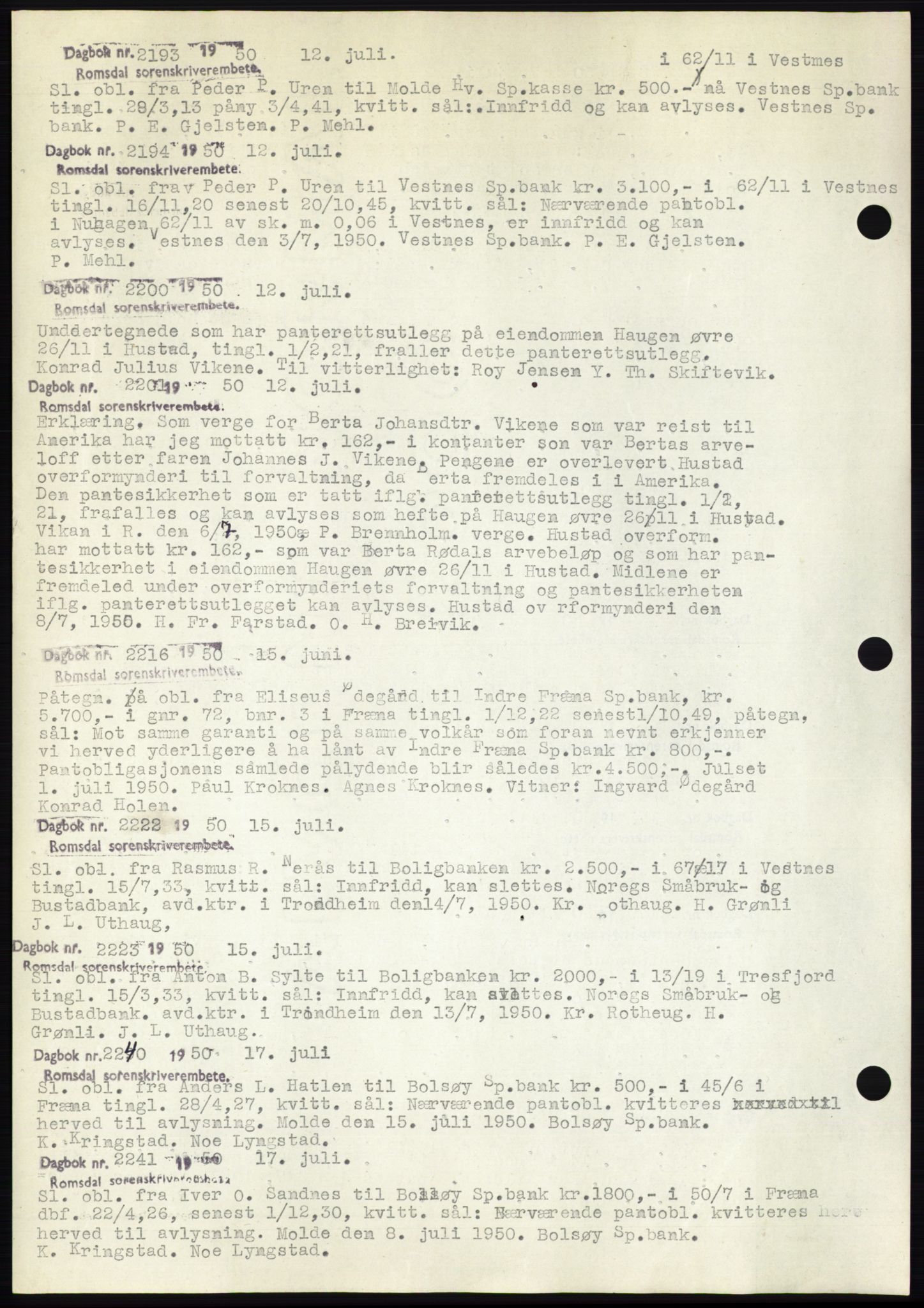 Romsdal sorenskriveri, SAT/A-4149/1/2/2C: Pantebok nr. C2, 1949-1951, Dagboknr: 2193/1950