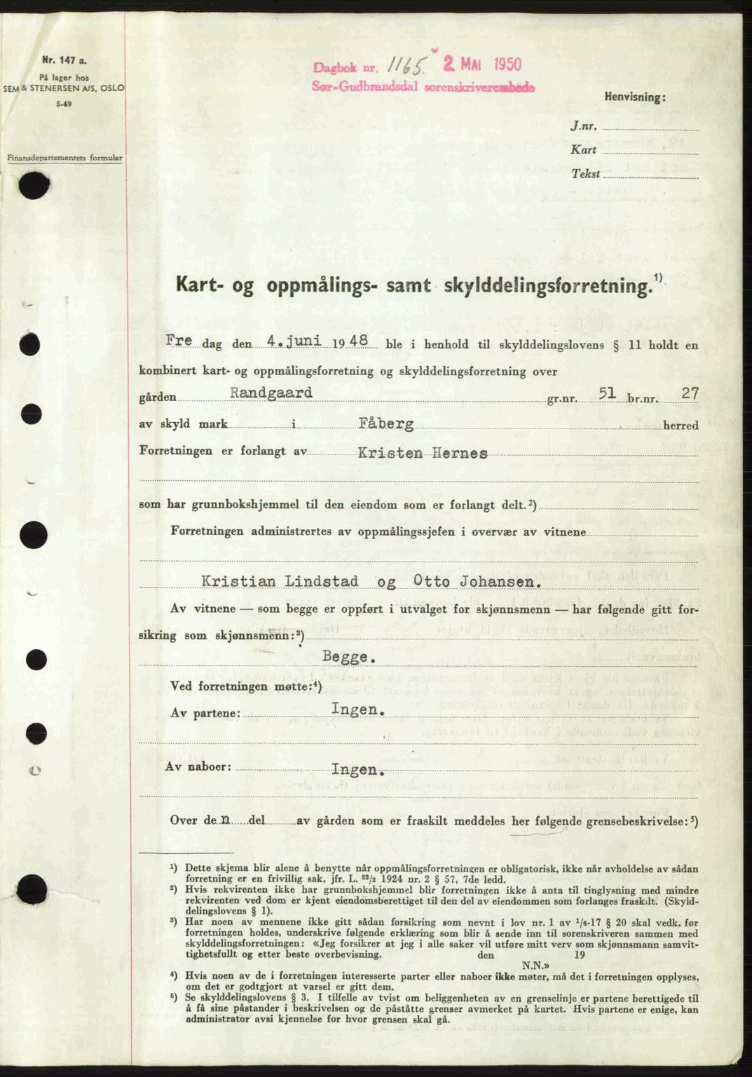 Sør-Gudbrandsdal tingrett, SAH/TING-004/H/Hb/Hbd/L0028: Pantebok nr. A28, 1950-1950, Dagboknr: 1165/1950