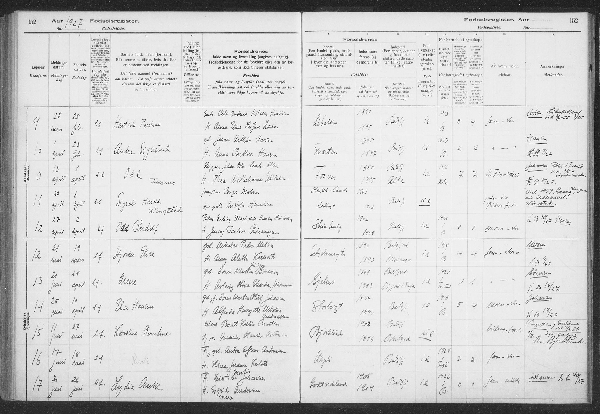 Balsfjord sokneprestembete, AV/SATØ-S-1303/H/Hb/L0059: Fødselsregister nr. 59, 1916-1930, s. 152