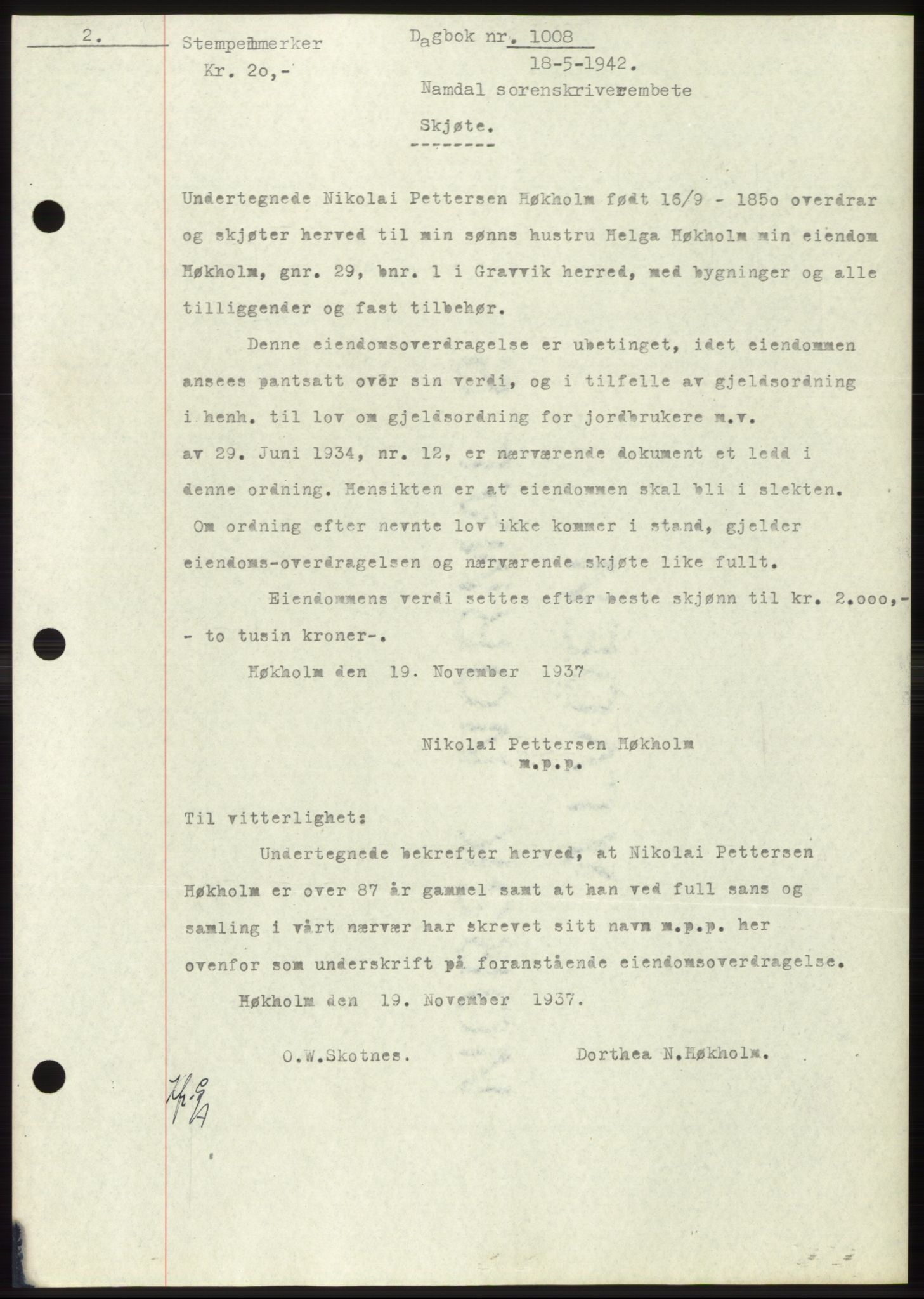 Namdal sorenskriveri, SAT/A-4133/1/2/2C: Pantebok nr. -, 1941-1942, Dagboknr: 1008/1942