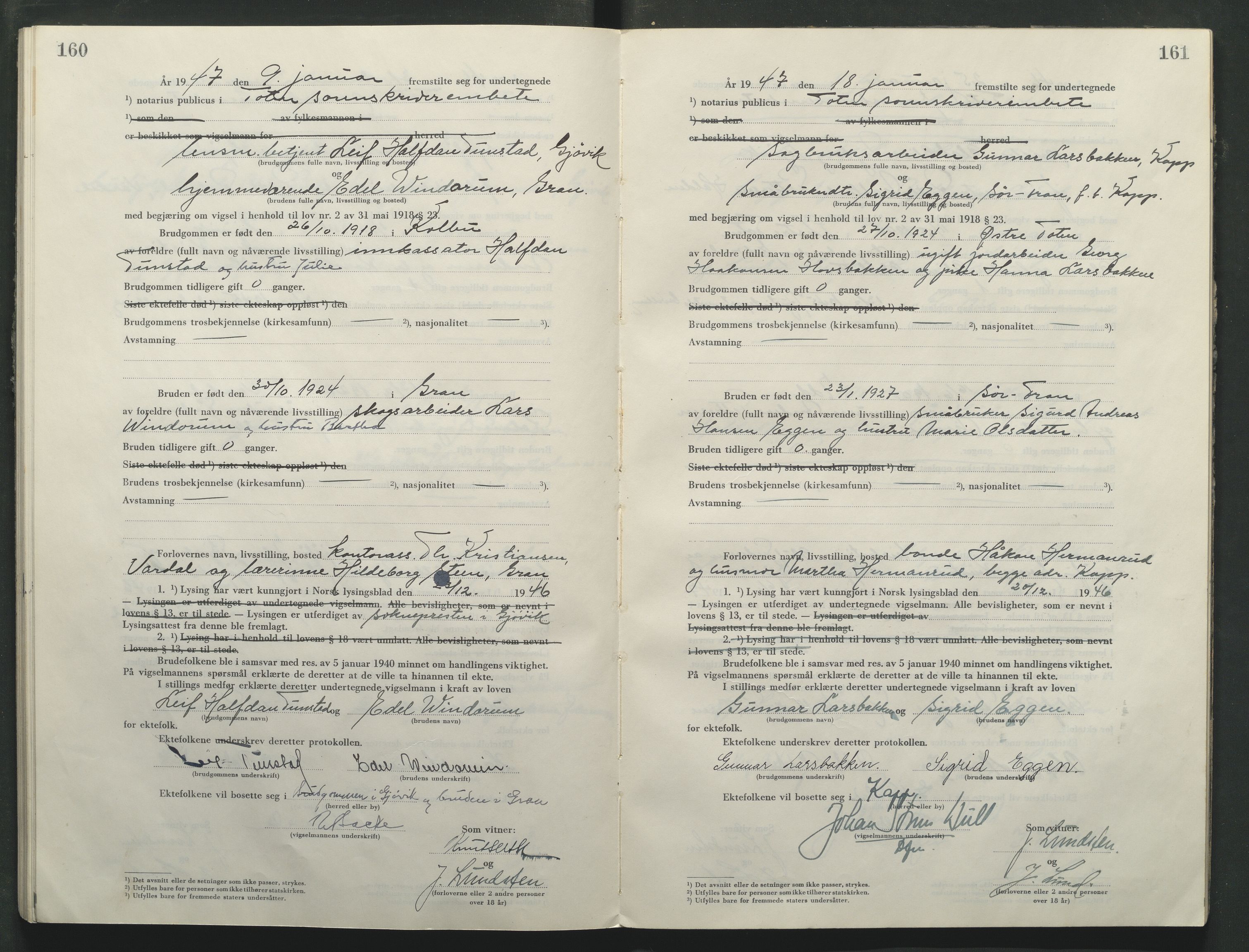 Toten tingrett, AV/SAH-TING-006/L/Lc/L0005: Vigselbok, 1944-1948, s. 160-161