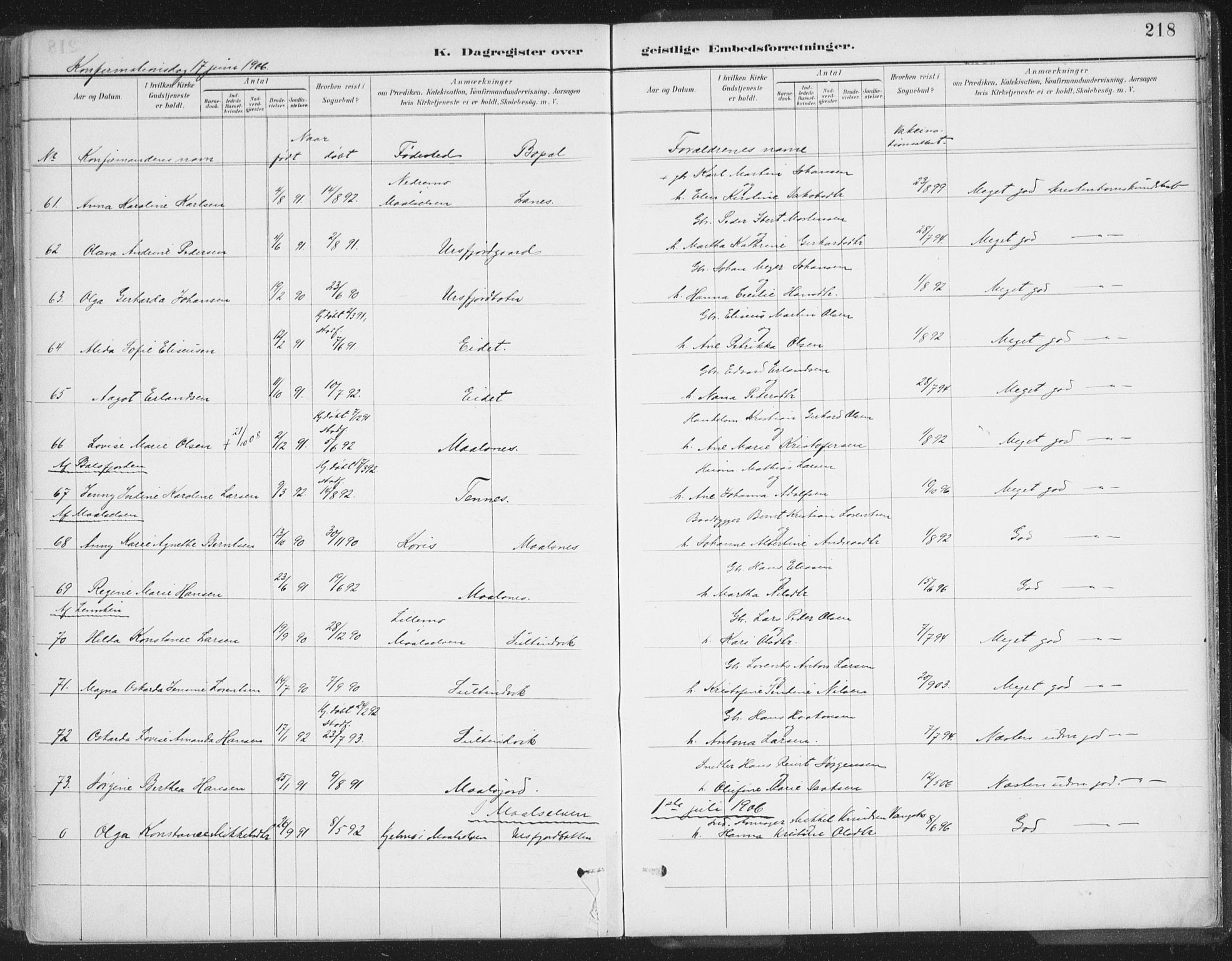 Balsfjord sokneprestembete, AV/SATØ-S-1303/G/Gaa/L0007kirke: Ministerialbok nr. 7, 1887-1909, s. 218
