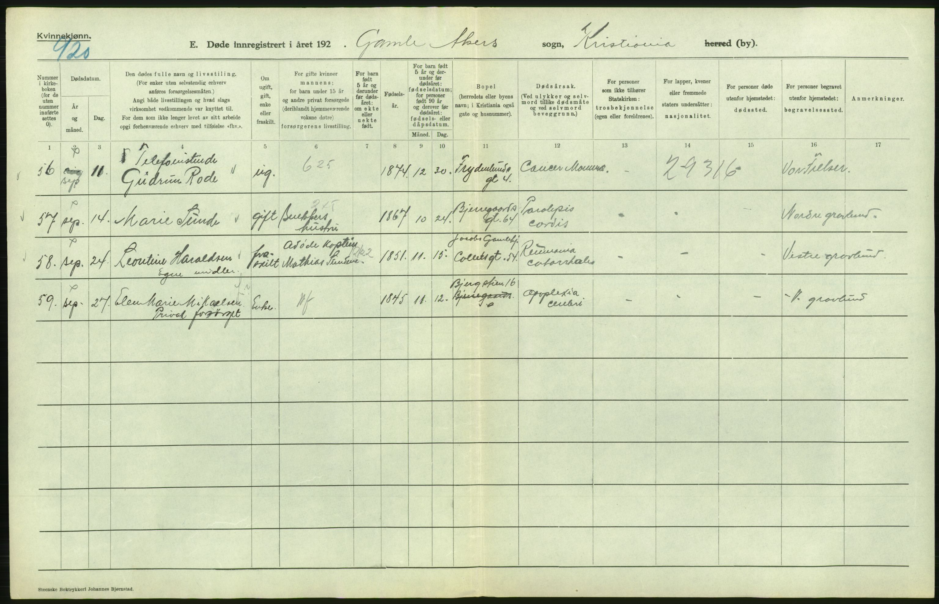 Statistisk sentralbyrå, Sosiodemografiske emner, Befolkning, AV/RA-S-2228/D/Df/Dfc/Dfcd/L0009: Kristiania: Døde kvinner, dødfødte, 1924, s. 210