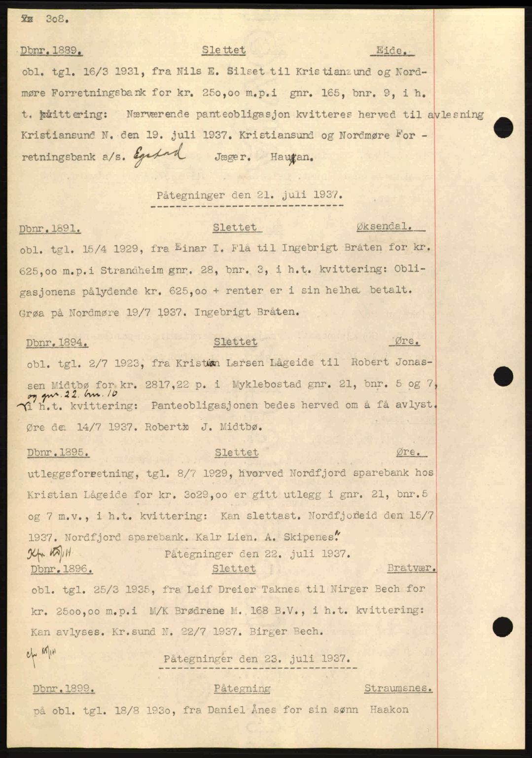 Nordmøre sorenskriveri, SAT/A-4132/1/2/2Ca: Pantebok nr. C80, 1936-1939, Dagboknr: 1889/1937