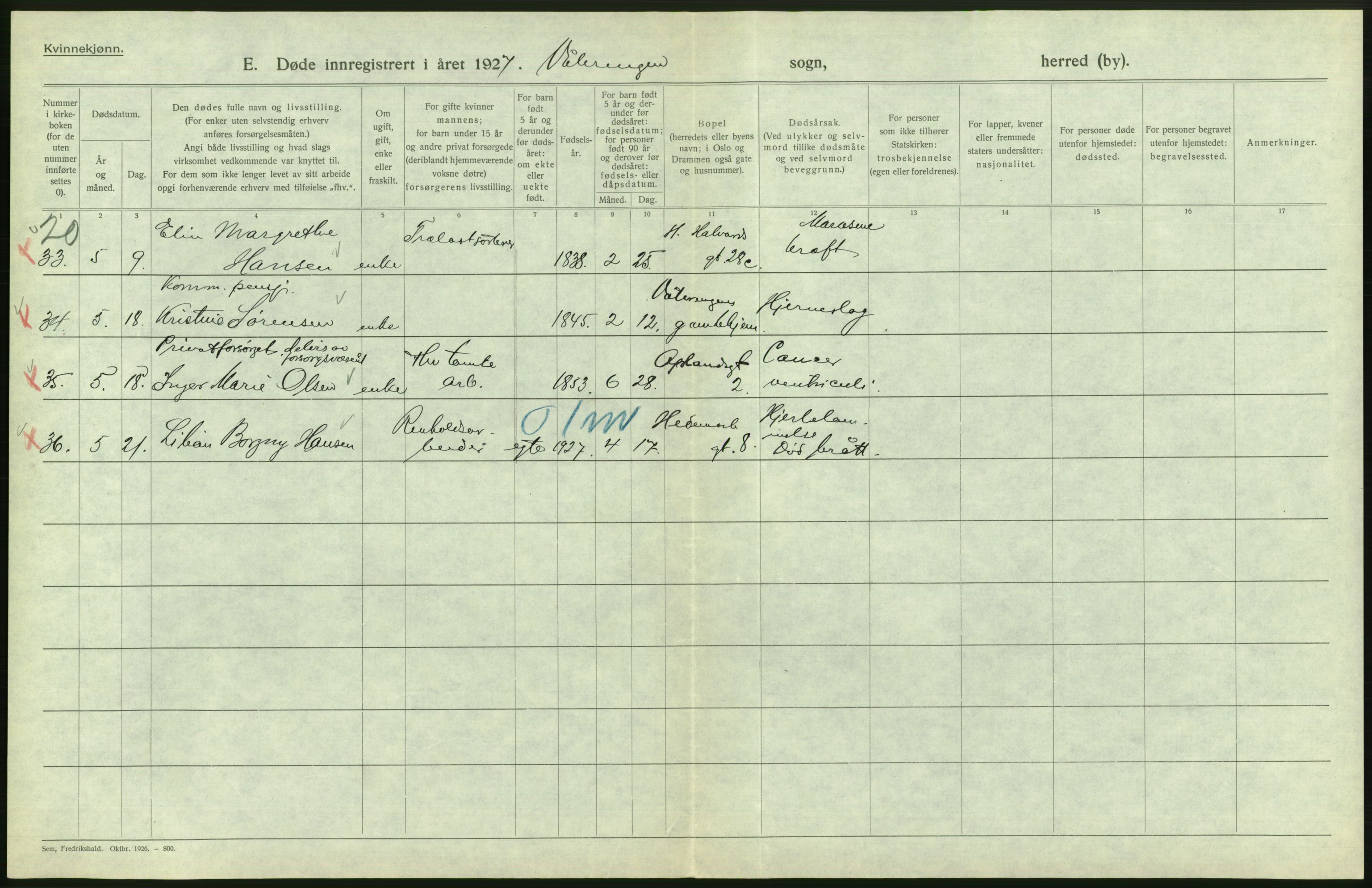 Statistisk sentralbyrå, Sosiodemografiske emner, Befolkning, AV/RA-S-2228/D/Df/Dfc/Dfcg/L0010: Oslo: Døde kvinner, dødfødte, 1927, s. 484