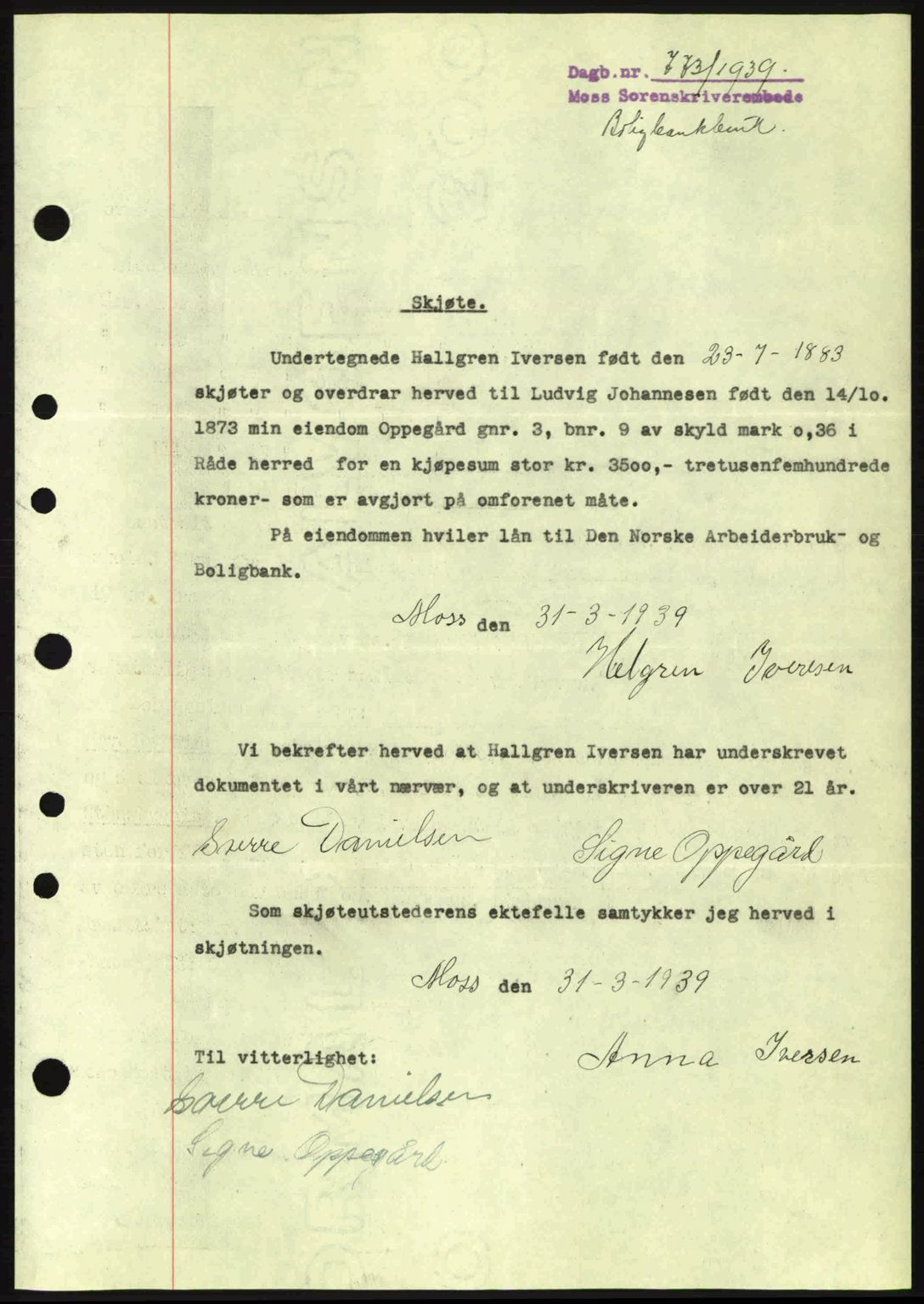 Moss sorenskriveri, SAO/A-10168: Pantebok nr. A5, 1938-1939, Dagboknr: 773/1939