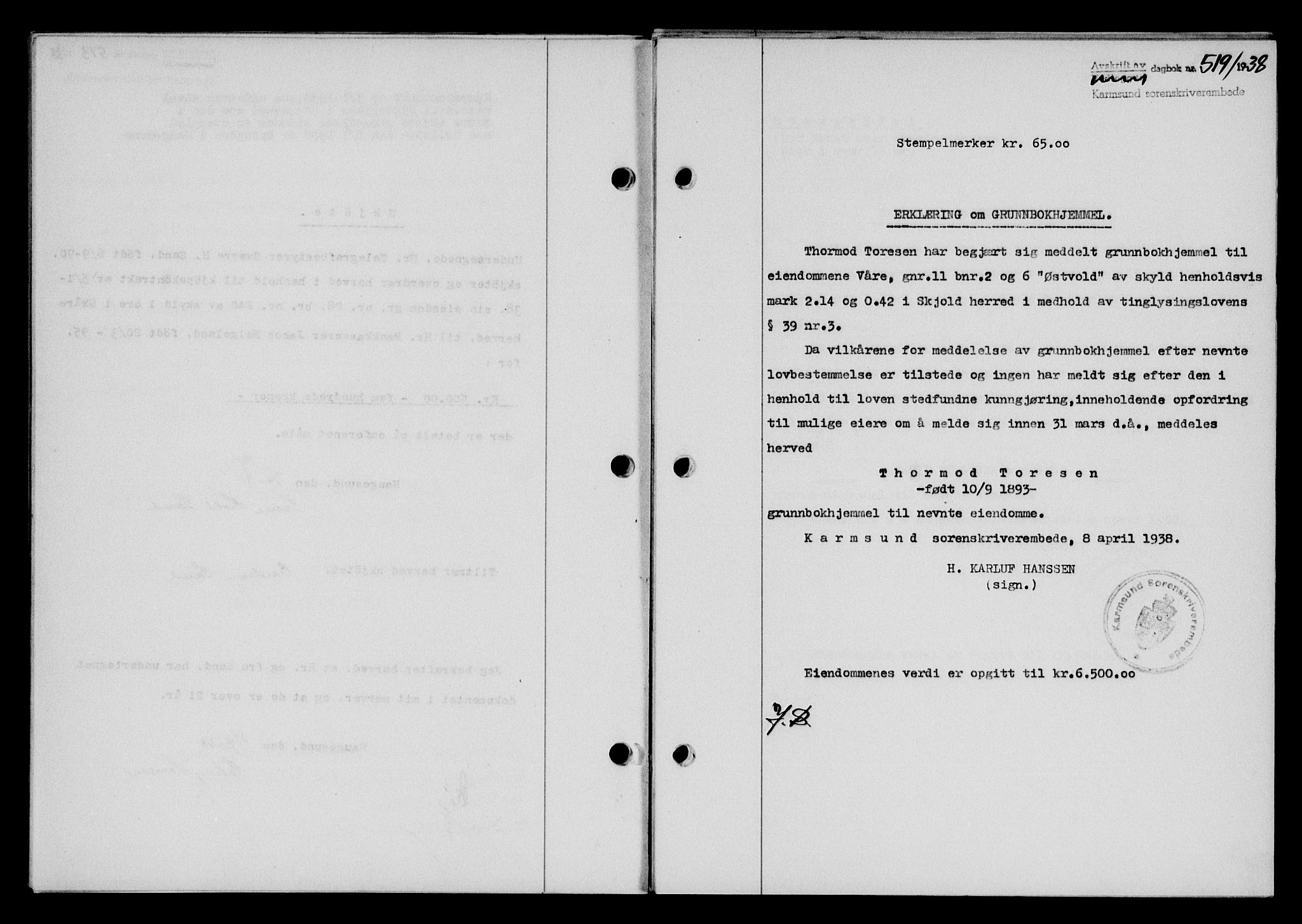 Karmsund sorenskriveri, SAST/A-100311/01/II/IIB/L0069: Pantebok nr. 50A, 1937-1938, Dagboknr: 519/1938