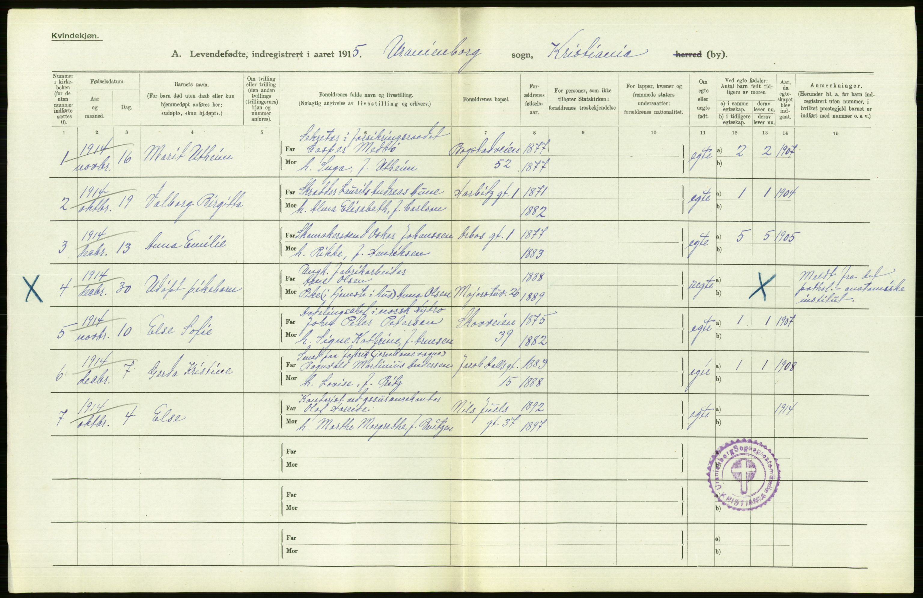 Statistisk sentralbyrå, Sosiodemografiske emner, Befolkning, RA/S-2228/D/Df/Dfb/Dfbe/L0007: Kristiania: Levendefødte menn og kvinner., 1915, s. 548