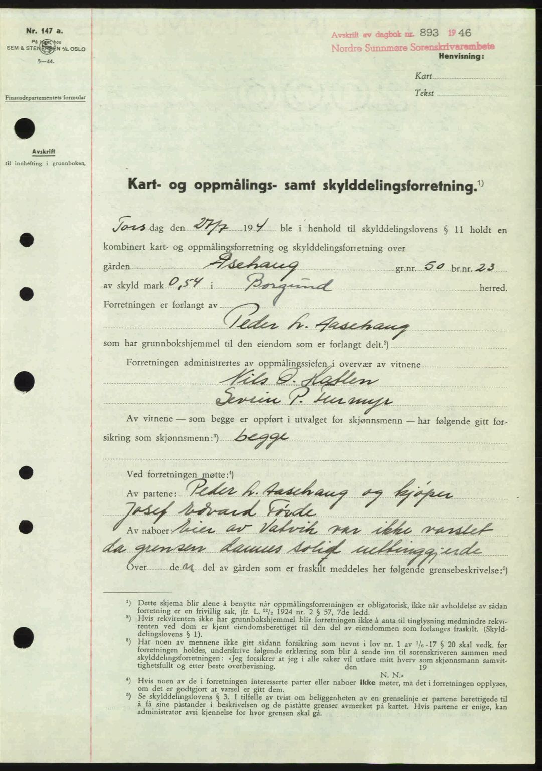 Nordre Sunnmøre sorenskriveri, AV/SAT-A-0006/1/2/2C/2Ca: Pantebok nr. A21, 1946-1946, Dagboknr: 893/1946