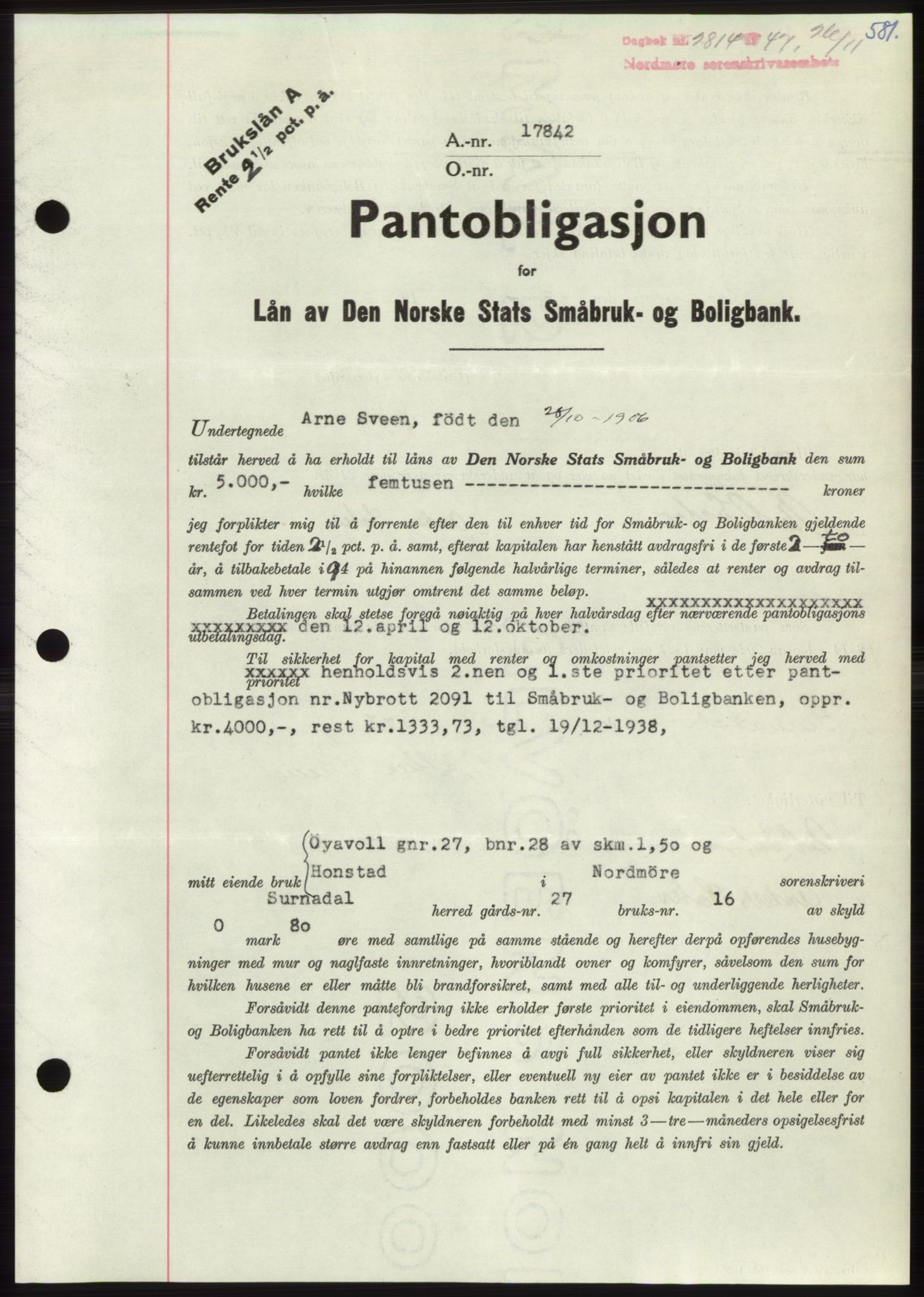 Nordmøre sorenskriveri, AV/SAT-A-4132/1/2/2Ca: Pantebok nr. B97, 1947-1948, Dagboknr: 2814/1947