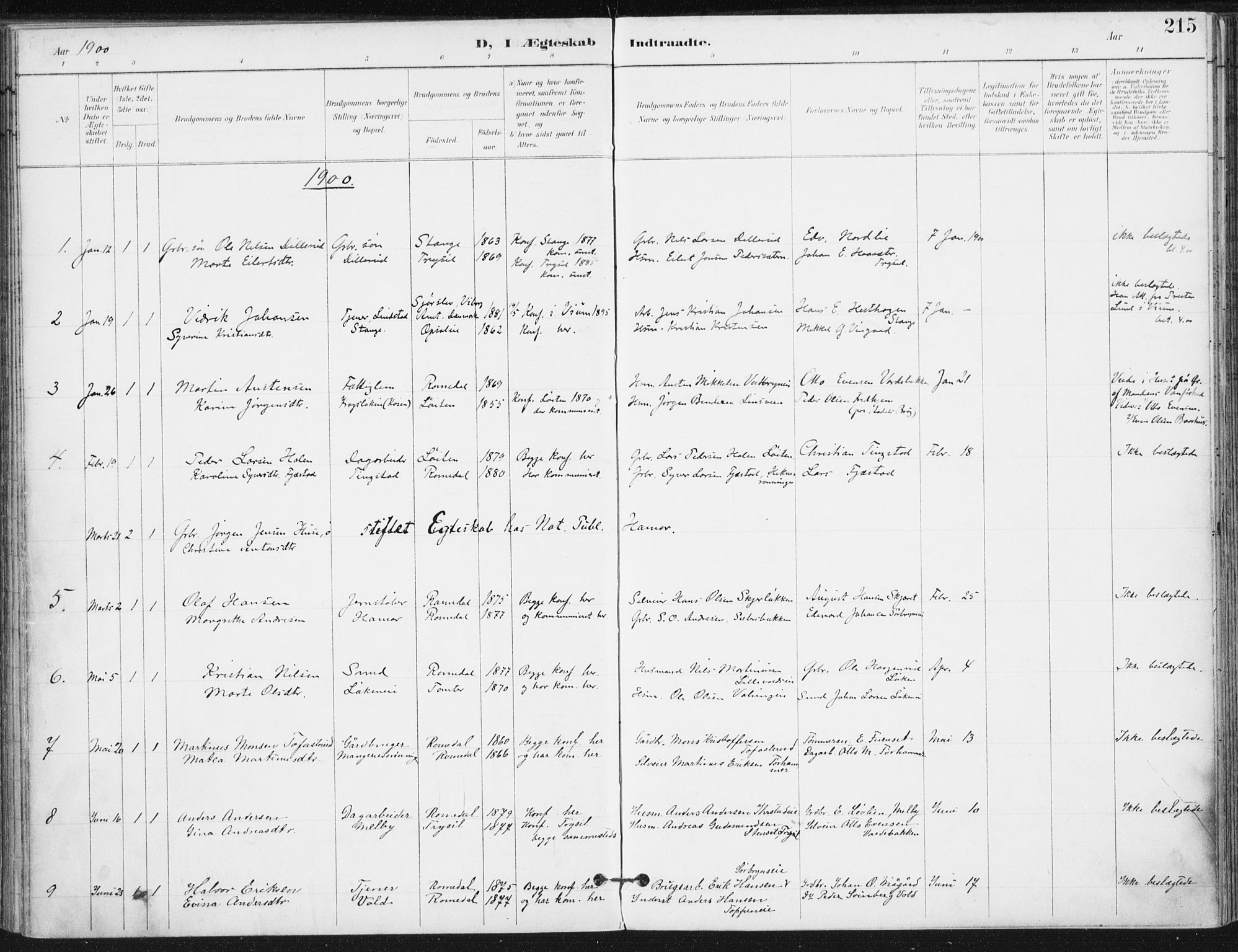 Romedal prestekontor, SAH/PREST-004/K/L0011: Ministerialbok nr. 11, 1896-1912, s. 215