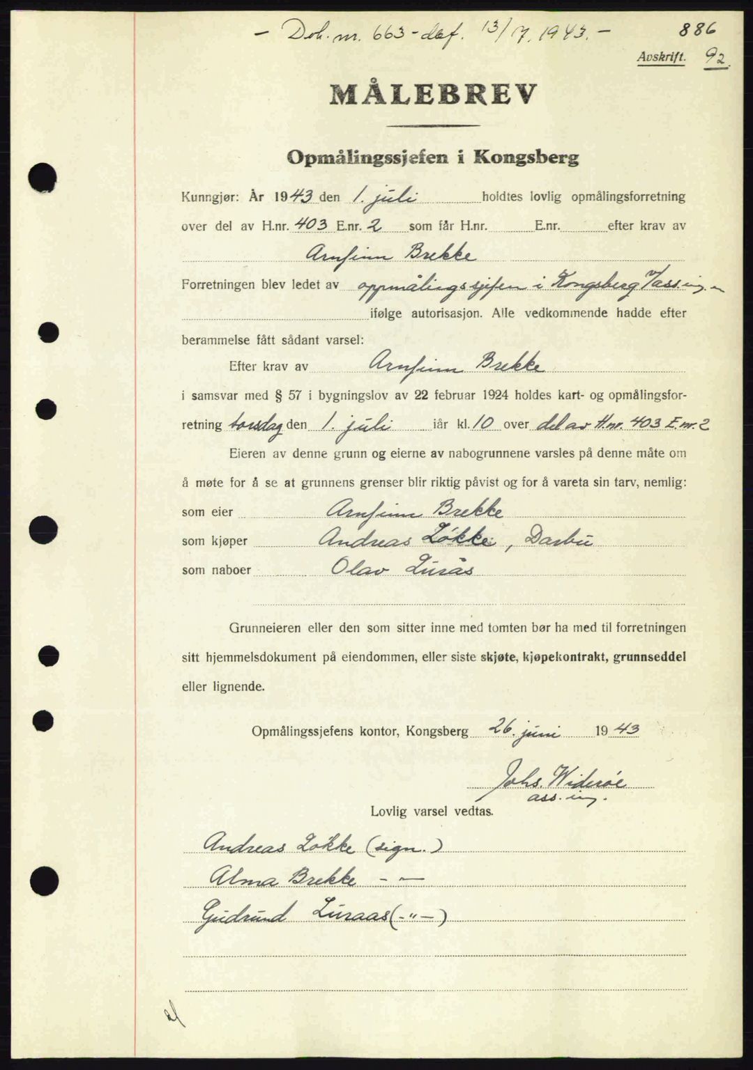 Numedal og Sandsvær sorenskriveri, SAKO/A-128/G/Ga/Gaa/L0055: Pantebok nr. A7, 1943-1944, Dagboknr: 663/1943