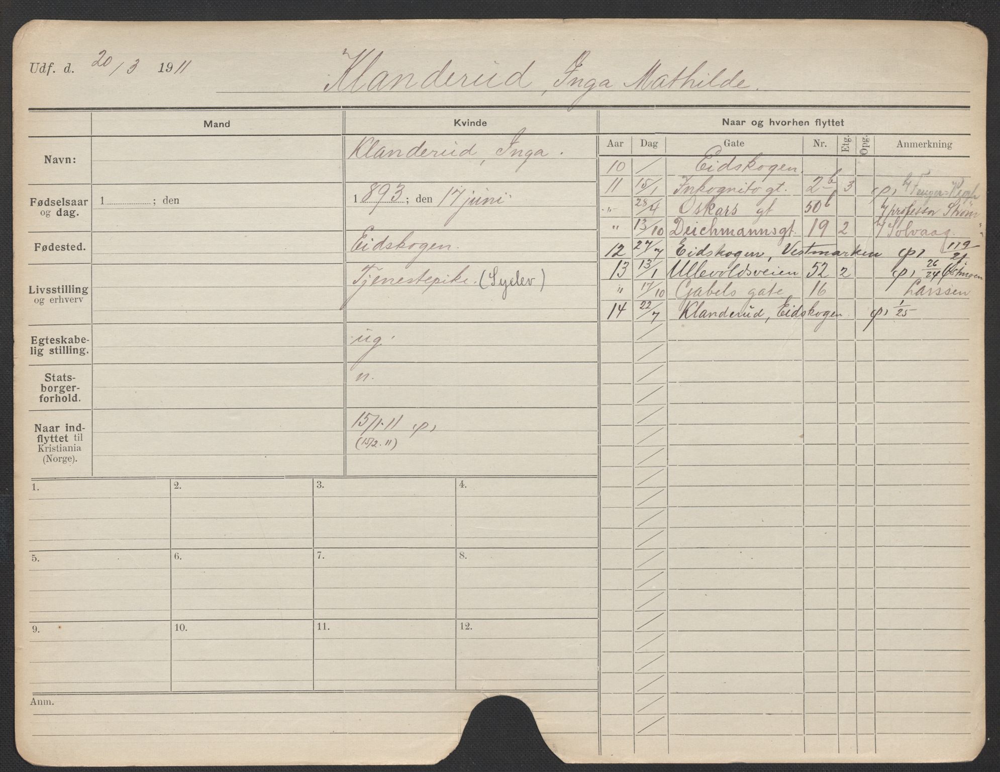 Oslo folkeregister, Registerkort, AV/SAO-A-11715/F/Fa/Fac/L0018: Kvinner, 1906-1914, s. 1101a