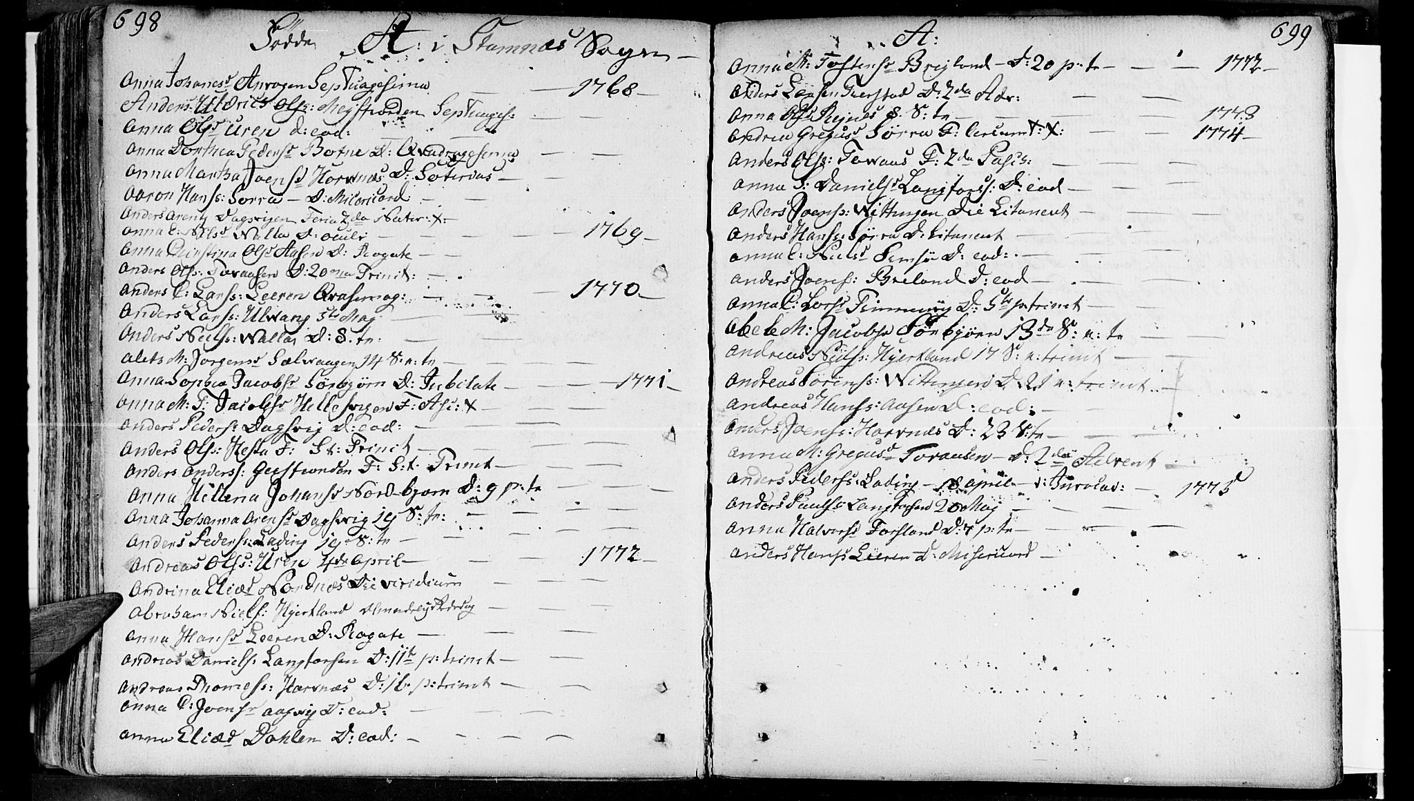 Ministerialprotokoller, klokkerbøker og fødselsregistre - Nordland, AV/SAT-A-1459/830/L0437: Ministerialbok nr. 830A05 /2, 1768-1776, s. 698-699
