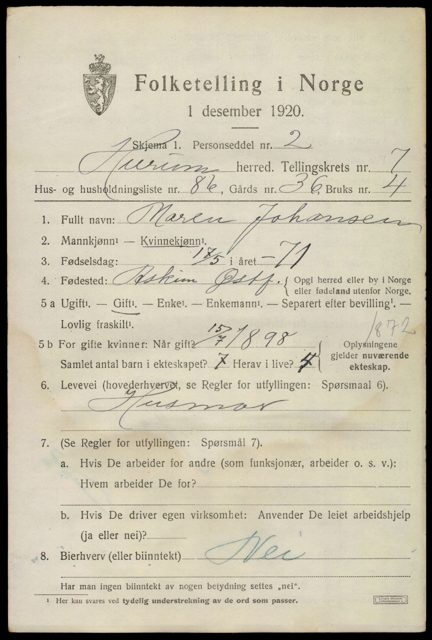 SAKO, Folketelling 1920 for 0628 Hurum herred, 1920, s. 10082