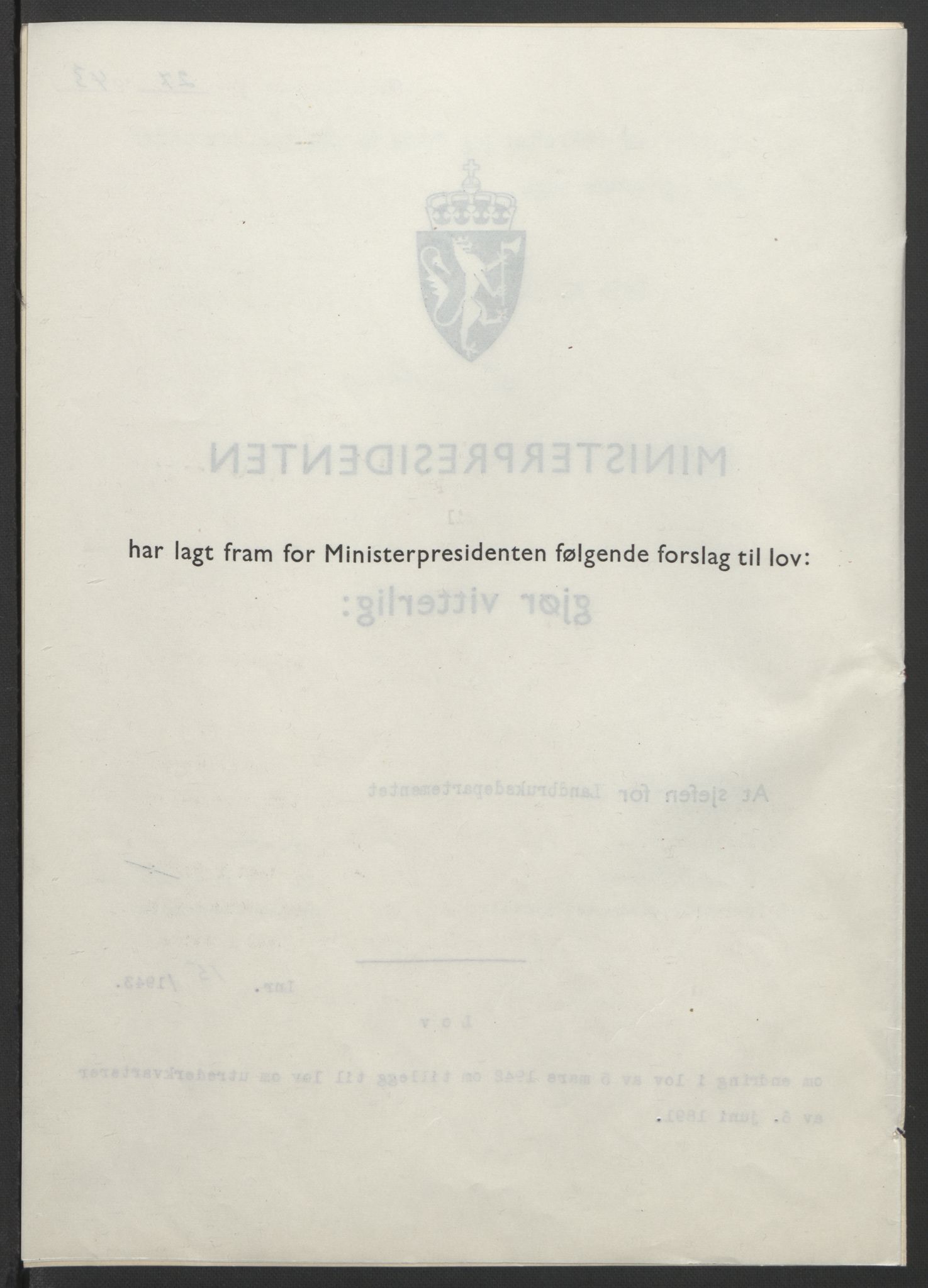 NS-administrasjonen 1940-1945 (Statsrådsekretariatet, de kommisariske statsråder mm), AV/RA-S-4279/D/Db/L0099: Lover, 1943, s. 60
