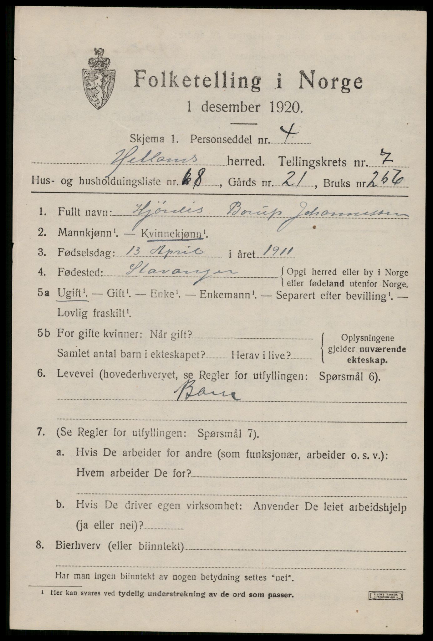 SAST, Folketelling 1920 for 1126 Hetland herred, 1920, s. 14903