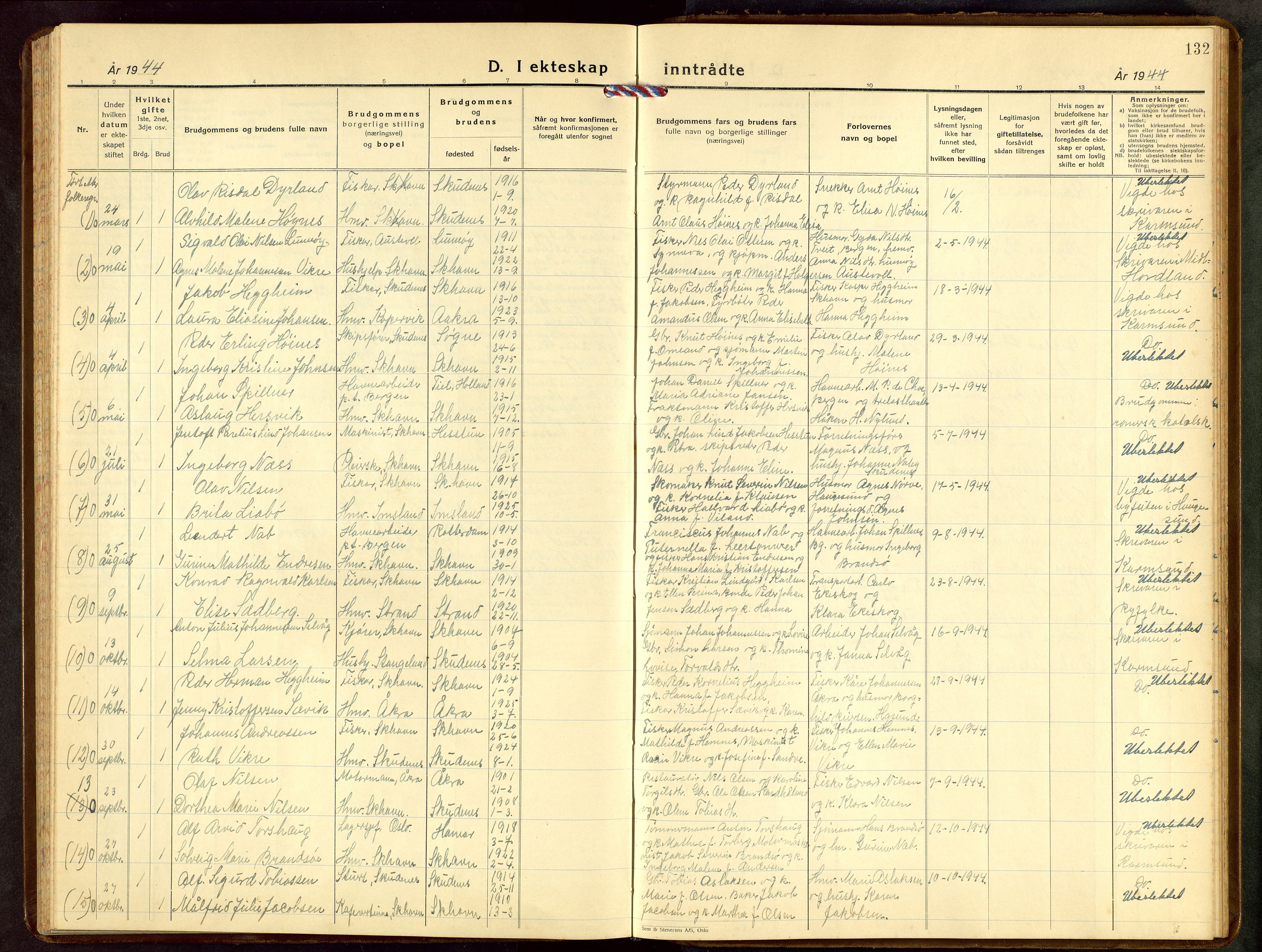 Skudenes sokneprestkontor, AV/SAST-A -101849/H/Ha/Hab/L0014: Klokkerbok nr. B 14, 1937-1956, s. 132